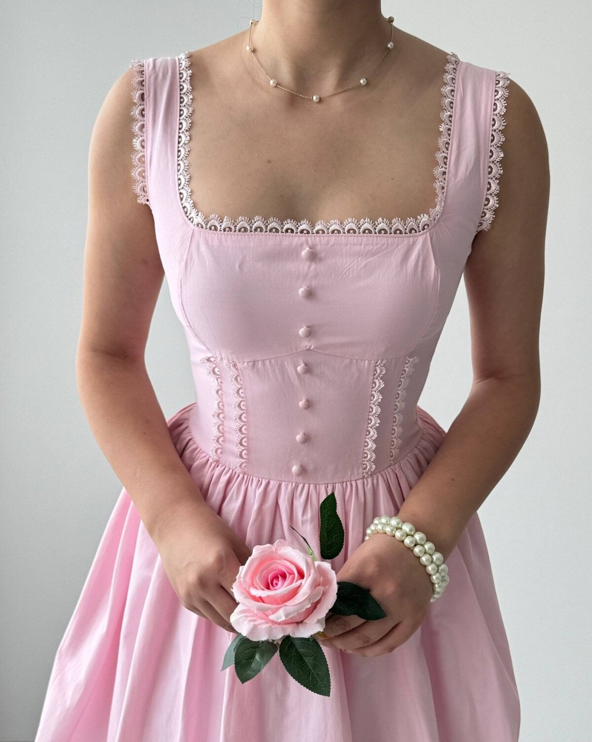 Sleeveless Pink Poplin Dress with Pearl Button Details - Etika - by Peralane - photo 3