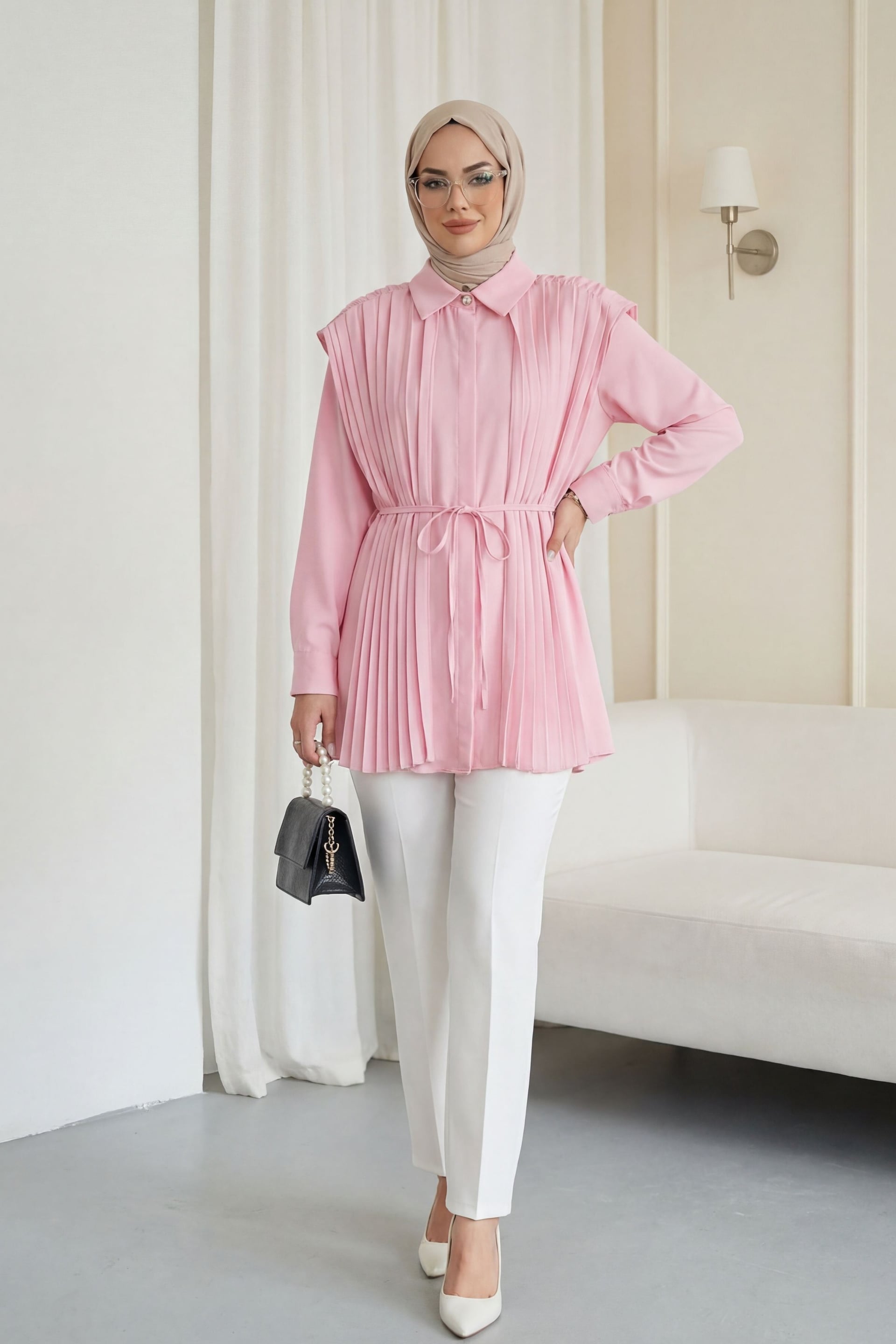 Pink Pleated Poplin Blouse with Hidden Button Closure - Podyumplus - by Peralane - photo 2
