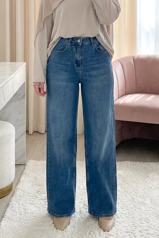 Pocket Zip Fly Wide-Leg Palazzo Jeans - Smoke Mint - Podyumplus - by Peralane