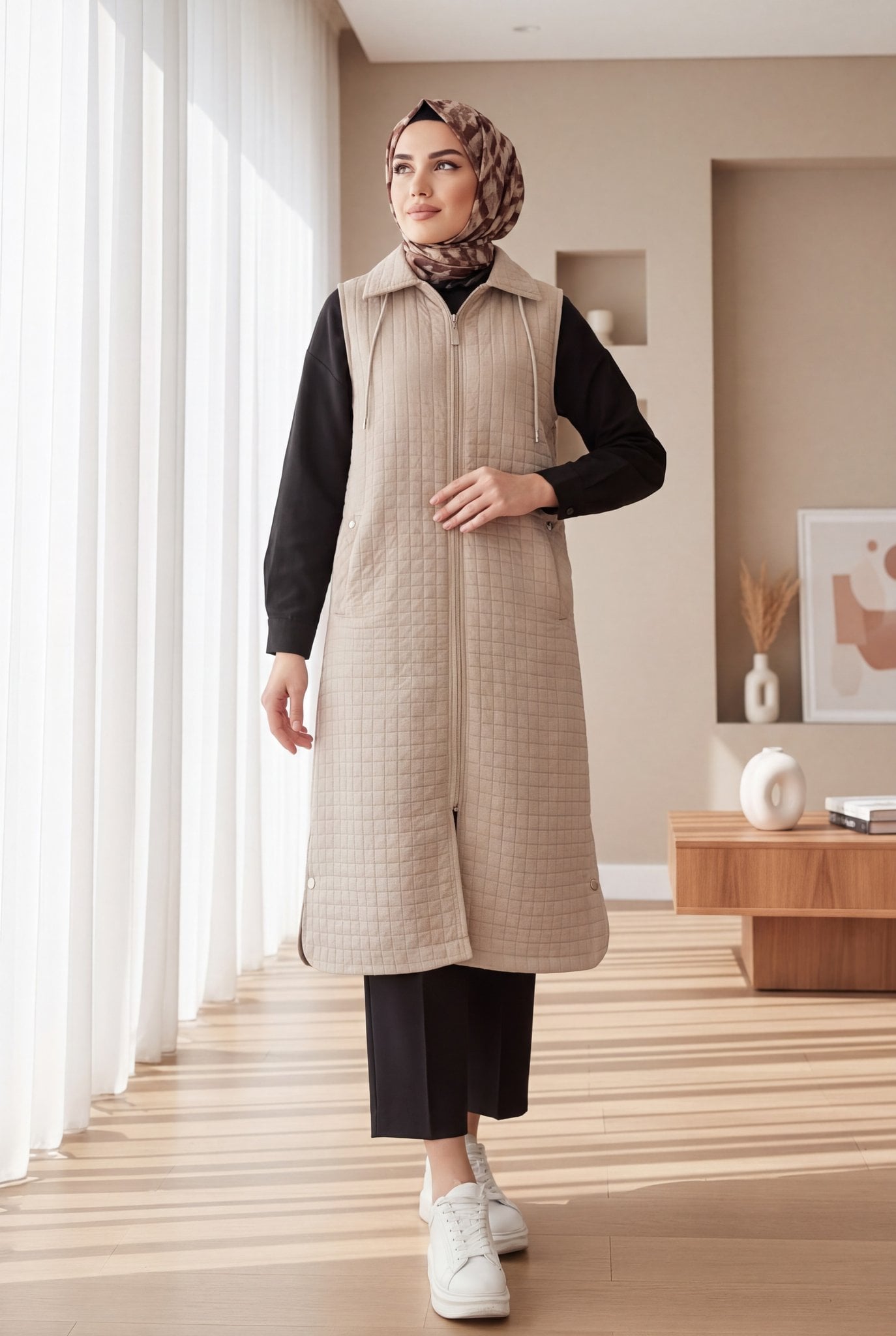 Zip-Up Hooded Pocket Long Quilted Vest - Stone - Podyumplus - by Peralane - photo 4