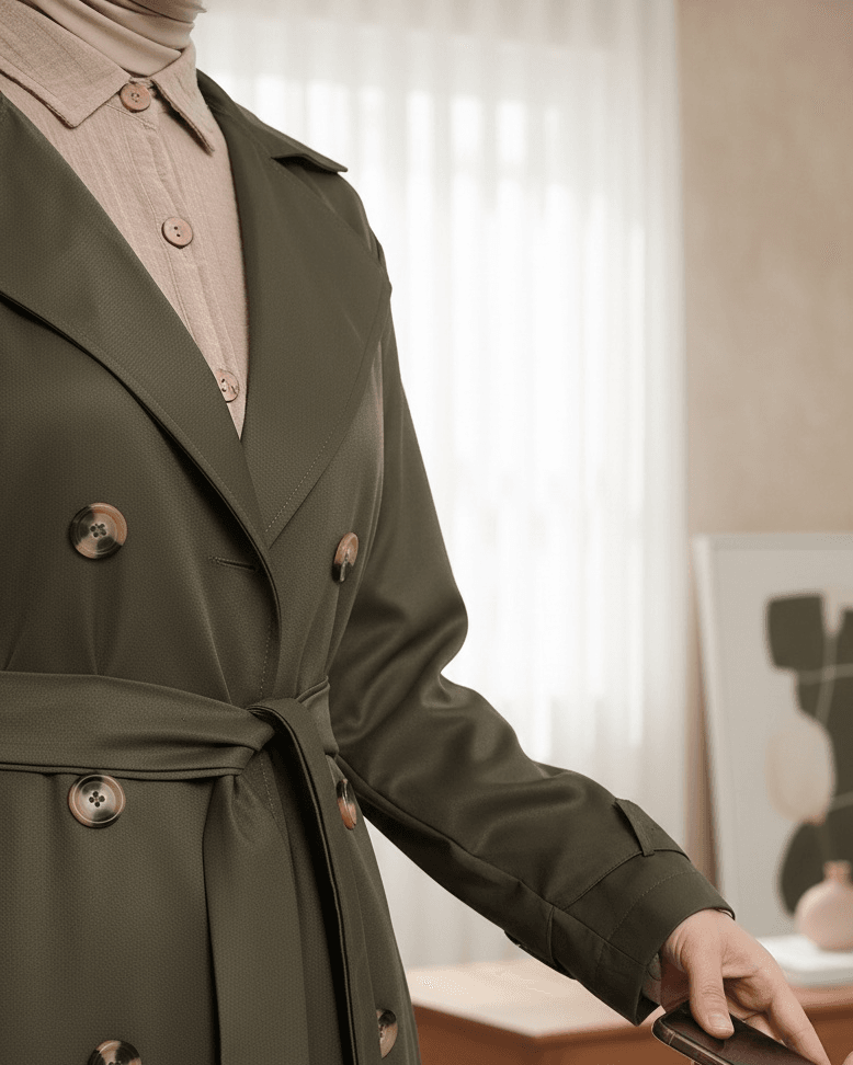 Double-Breasted Belted Long Trench Coat in Olive Green - Podyumplus - by Peralane - photo 2