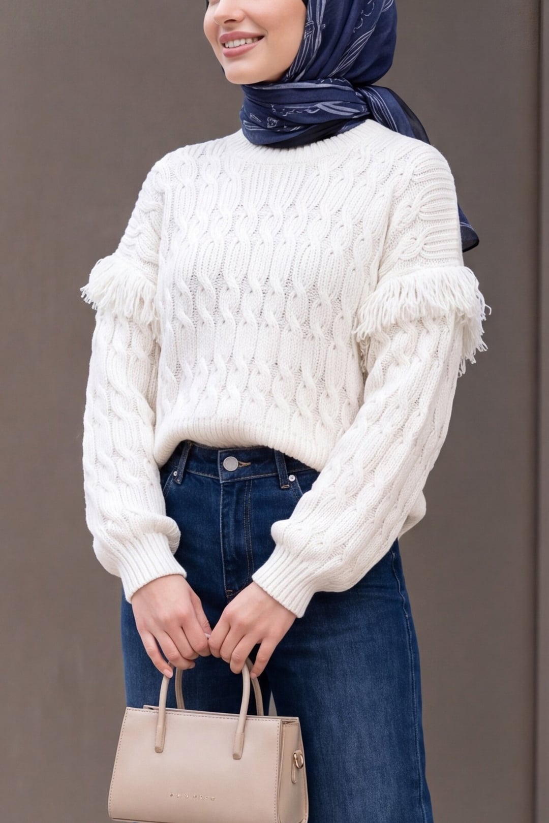Cream Fringe Detail Balloon Sleeve Cable Knit Sweater - Podyumplus - by Peralane