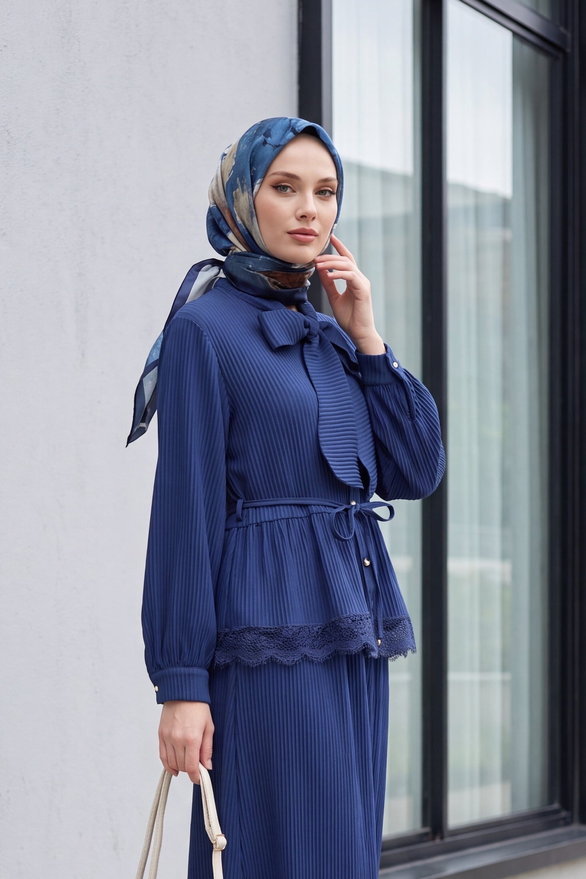 Navy Blue Tie-Waist Blouse and Lace-Trim Pleated Crepe Skirt Set - Podyumplus - by Peralane - photo 3