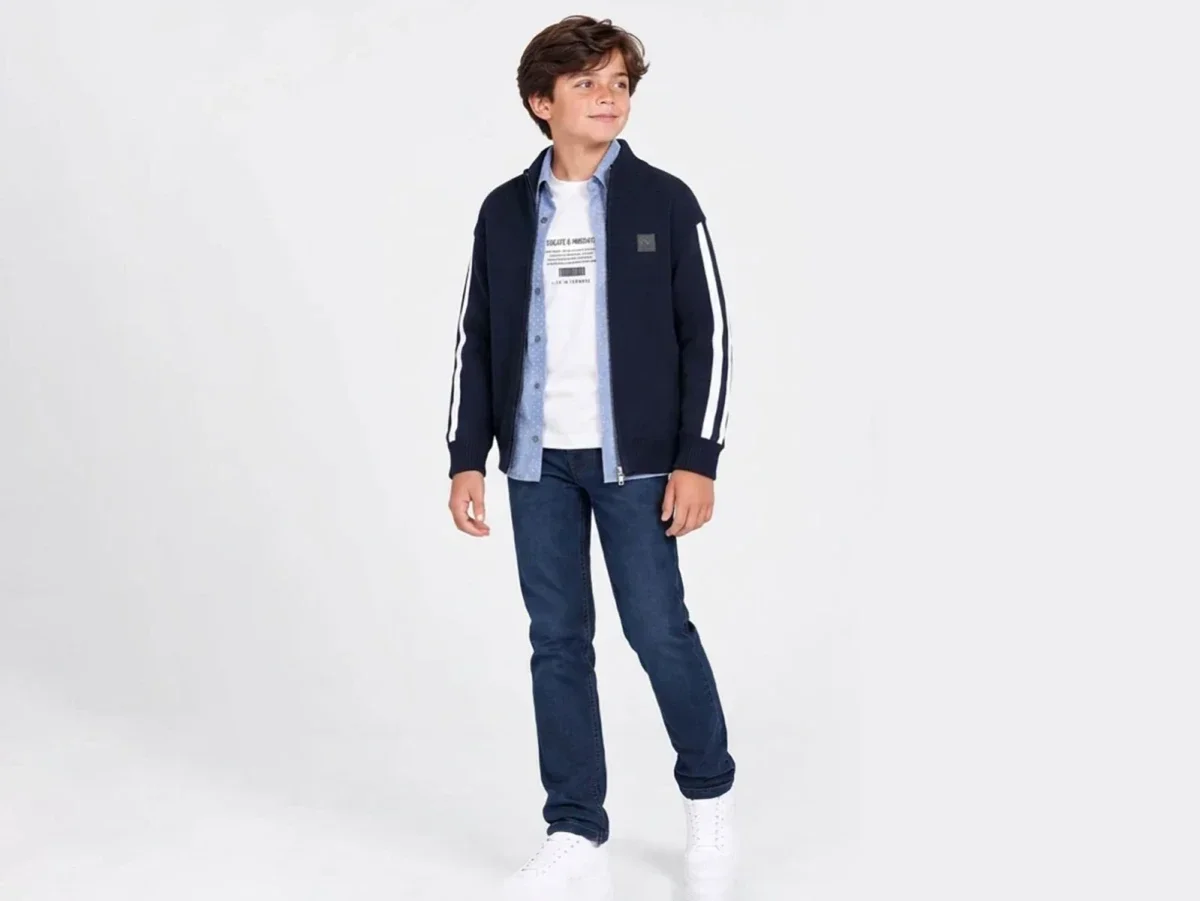 Navy Blue Striped Sleeve Boys' Knit Cardigan Set - Pack of 4 - Ruhat Kids - by Peralane