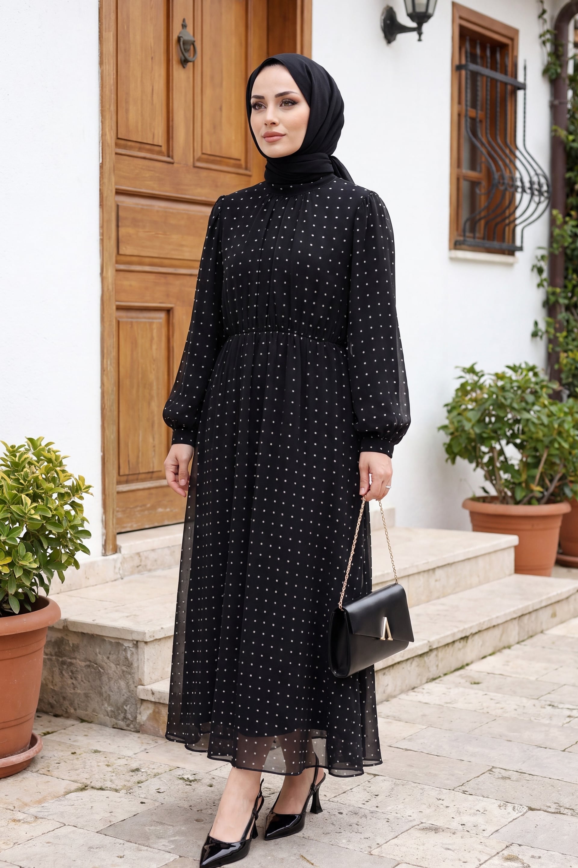 Lined Elasticated Waist Polka Dot Long Chiffon Dress - Black - Podyumplus - by Peralane - photo 3