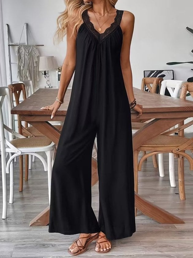 Women's Black V-Neck Lace Trim Wide-Leg Viscose Jumpsuit - Janes - by Peralane - photo 5
