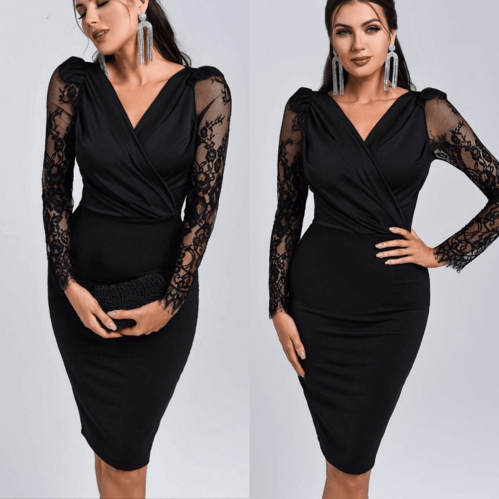 Women's Long Sleeve Wrap V-Neck Dress with Sheer Lace Sleeves, Mini Length - Janes - by Peralane - photo 12