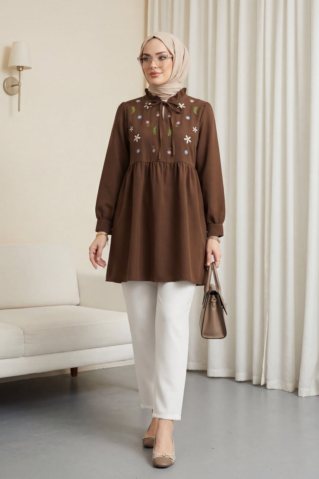 V-Neck Tie-Front Ruffled Floral Embroidered Poplin Tunic - Brown - Podyumplus - by Peralane - photo 7