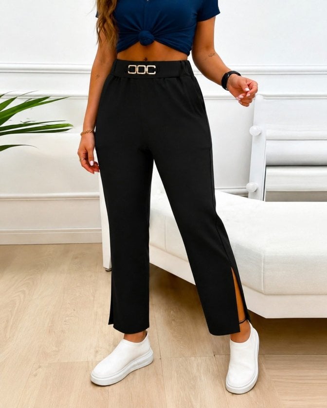 Women's High-Waist Buckle Slit Crepe Trousers in Black - Janes - by Peralane - photo 2
