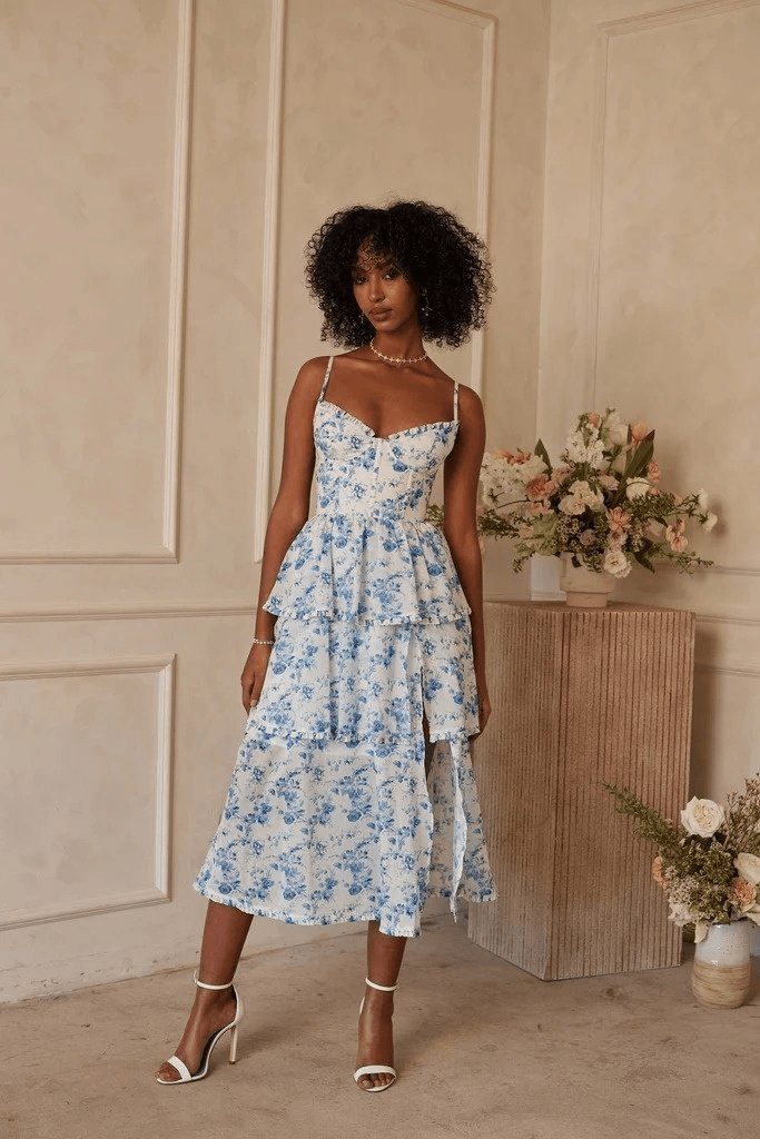 Women's Sleeveless Spaghetti Strap Floral Print Suprem Midi Dress with Ruffle Details - Janes - by Peralane - photo 11