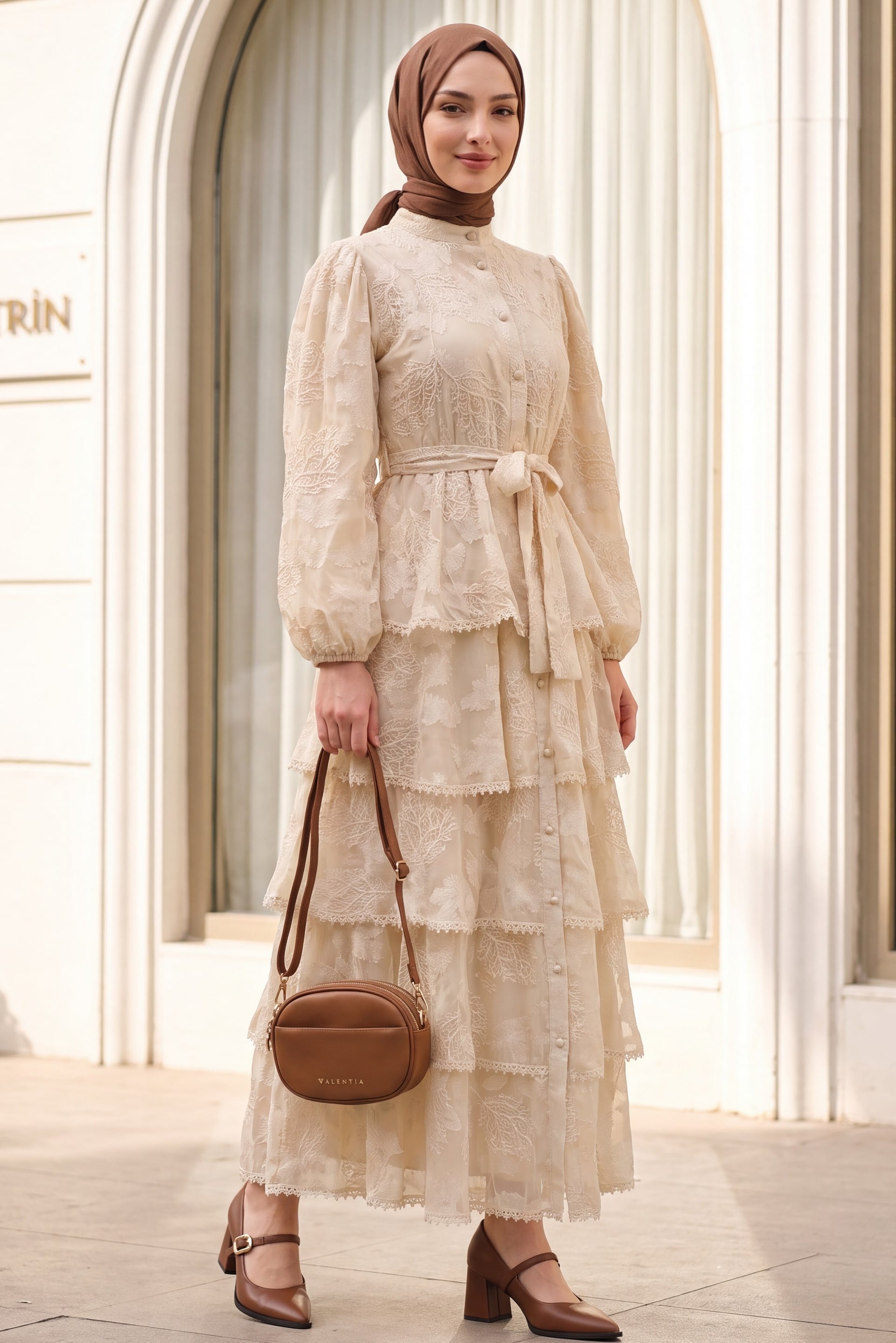 Beige Belted Lined Tiered Ruffled Print Chiffon Dress with Long Sleeves - Podyumplus - by Peralane - photo 3