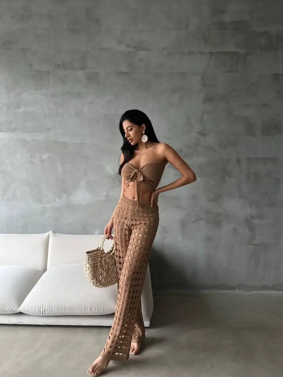Women's Knitted Bandeau Top and Wide-Leg Trousers Set in Light Brown - My Bee - by Peralane - photo 3