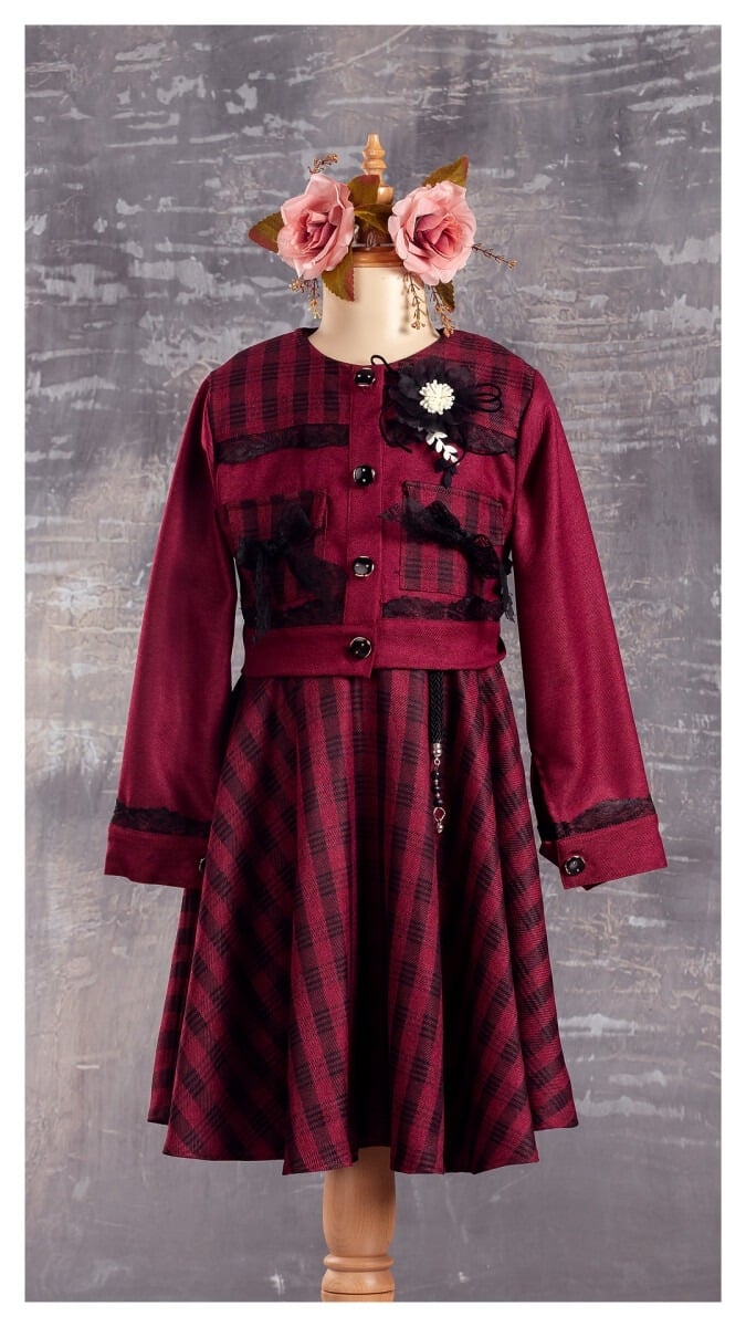 Girl's Plaid Dress with Detachable Jacket - Bordeaux - Tivido - by Peralane