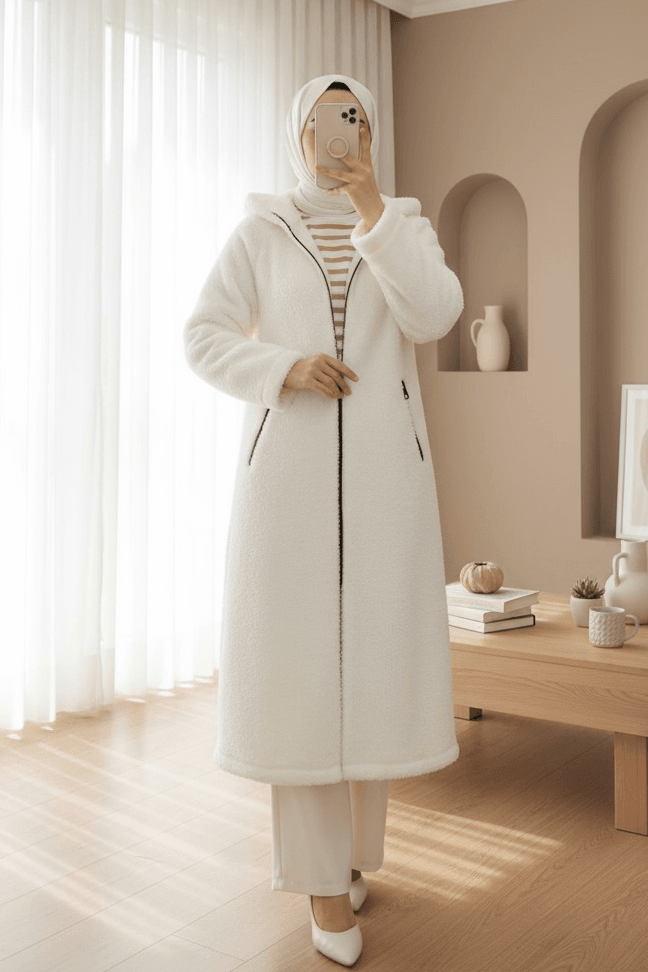 Lined Hooded Lamb Plush Winter Coat - Ecru - Podyumplus - by Peralane