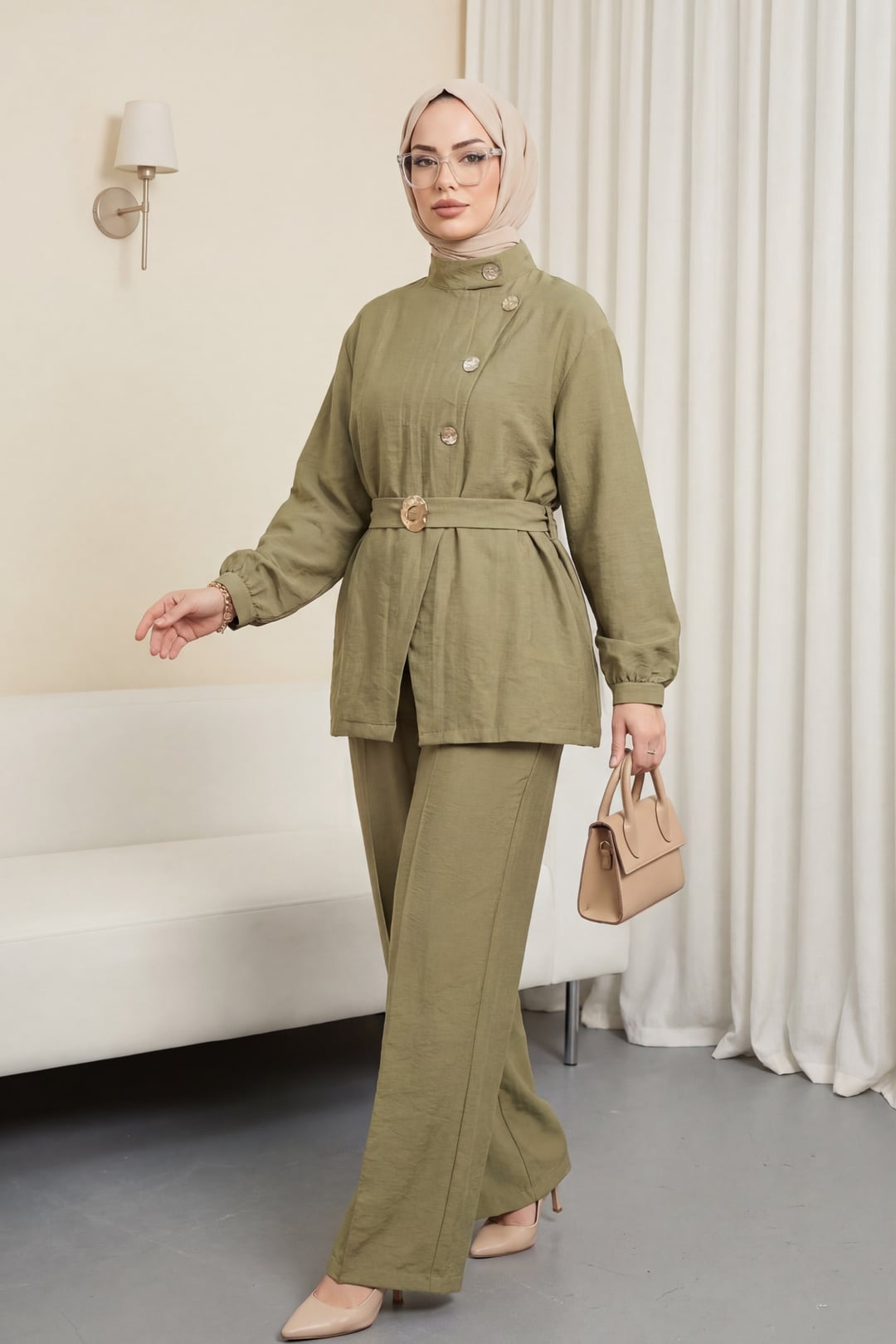 Gold Button Belted Frill Detail Cupra Two-Piece Set - Olive Green - Podyumplus - by Peralane - photo 2