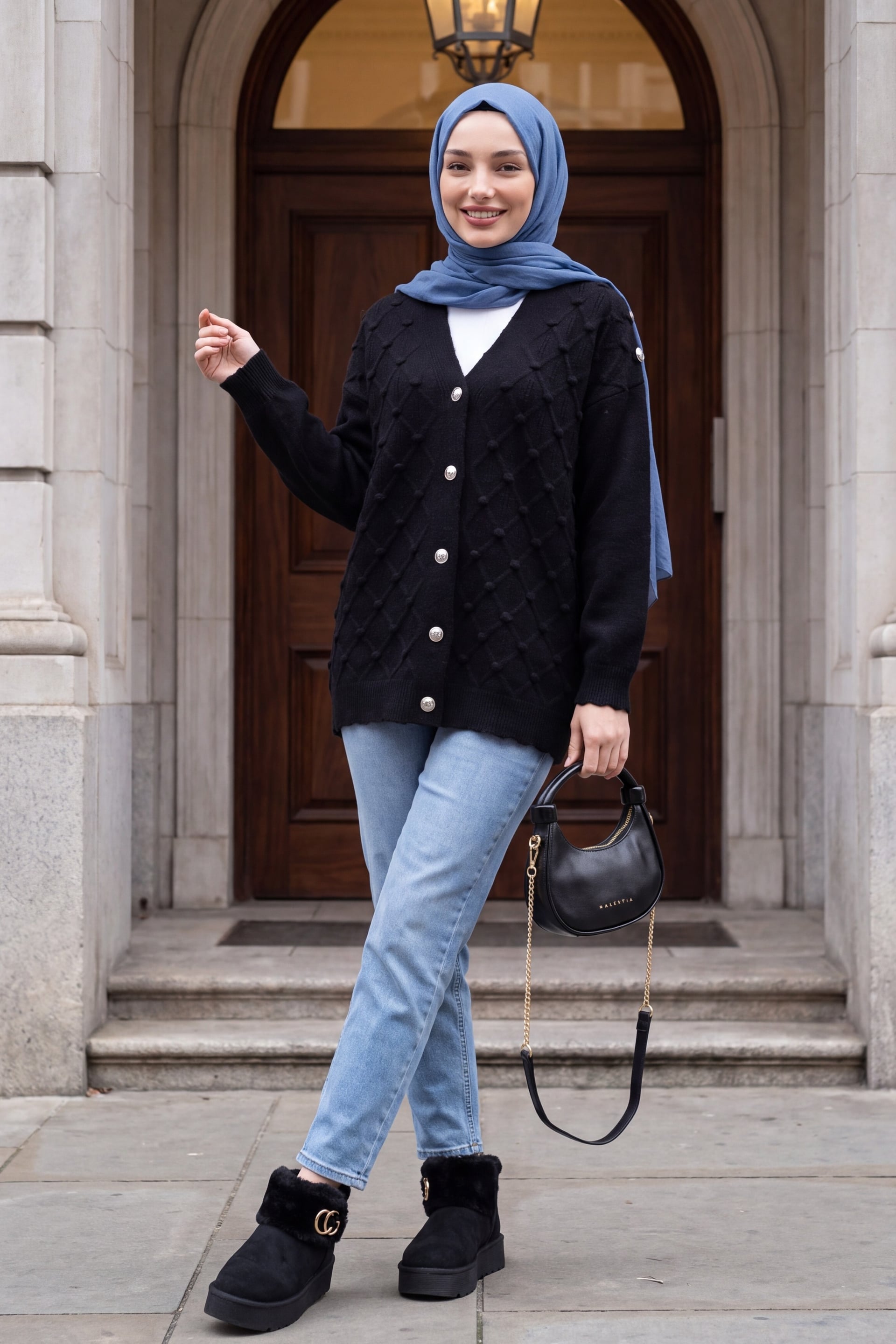 Women's Black Knitted Cardigan with Raised Bobble Details and Button Fastening - Podyumplus - by Peralane - photo 3