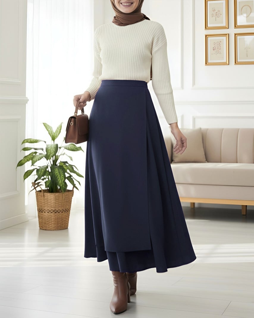 Navy Blue Cross-Front Double-Layer Scuba Maxi Skirt - Podyumplus - by Peralane - photo 4