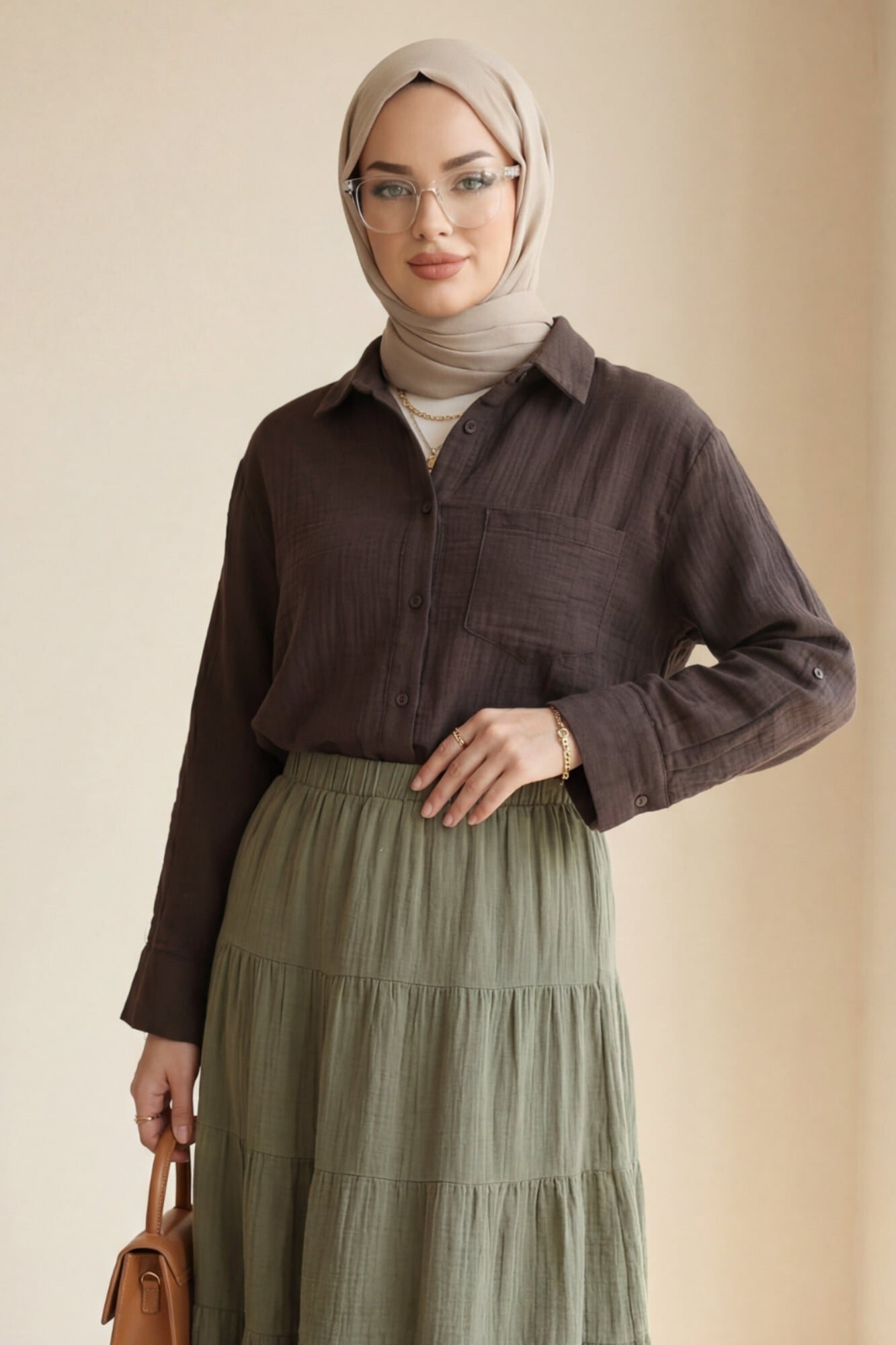 Single Pocket Buttoned Muslin Blouse with Tiered Skirt Set - Brown - Podyumplus - by Peralane - photo 3