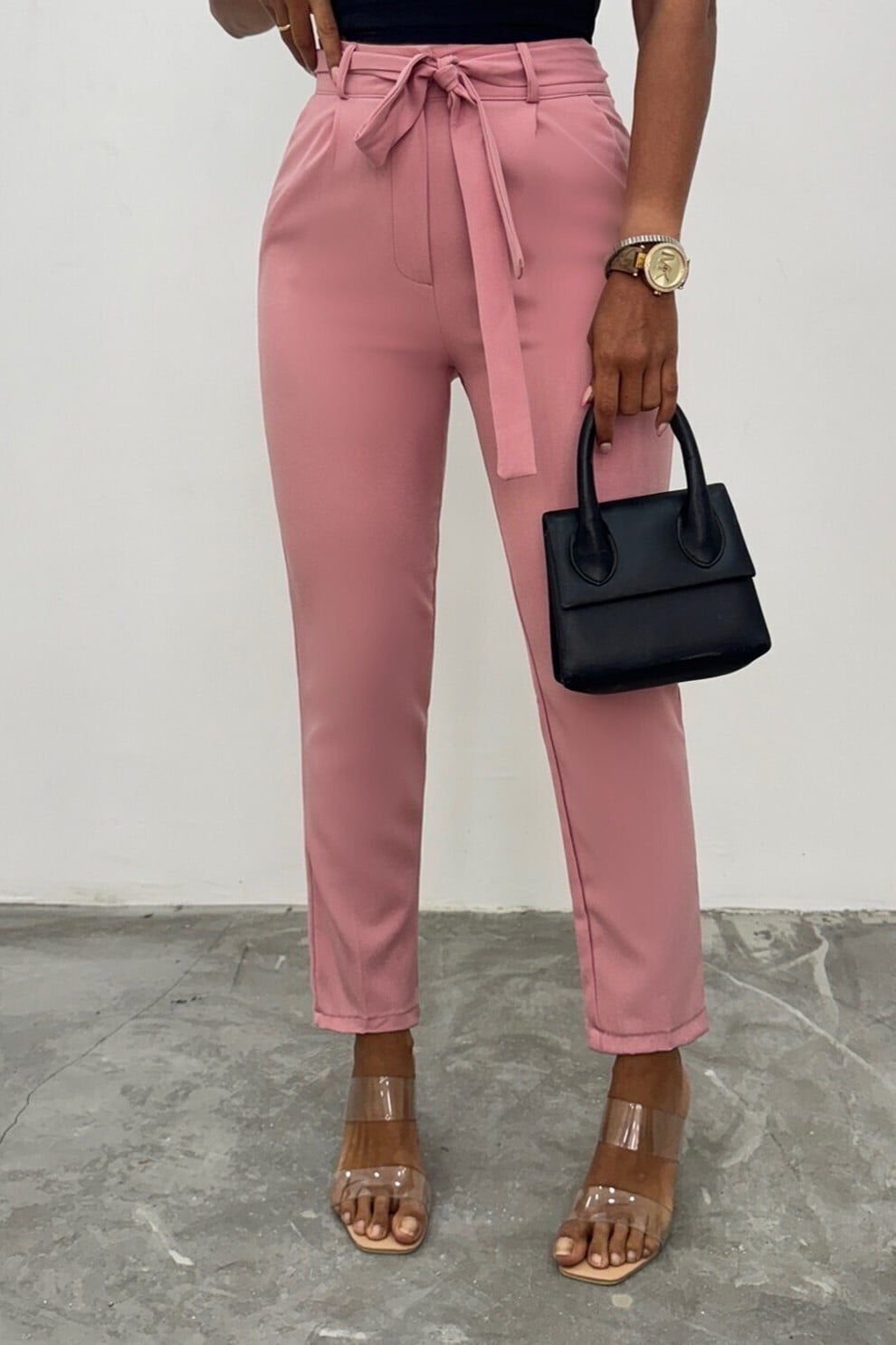 Women's High-Waist Tapered Trousers with Belt - Powder Pink - Podyumplus - by Peralane - photo 5