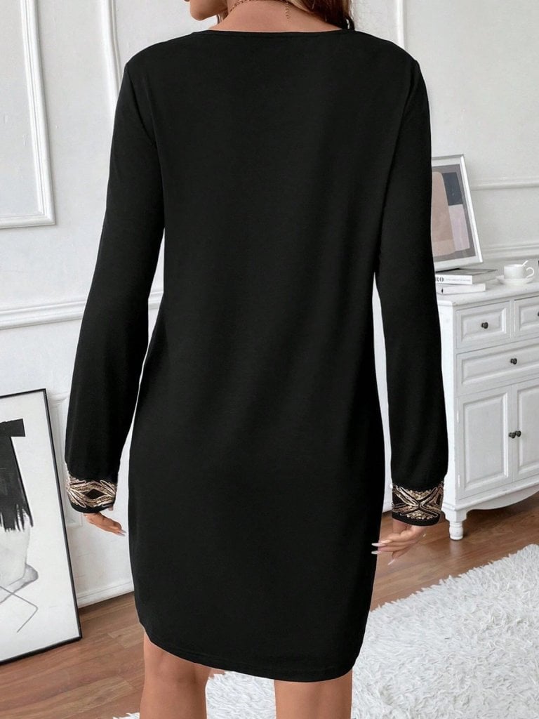 Women's Long Sleeve V-Neck Sequin Detail Mini Crepe Dress - Janes - by Peralane - photo 4