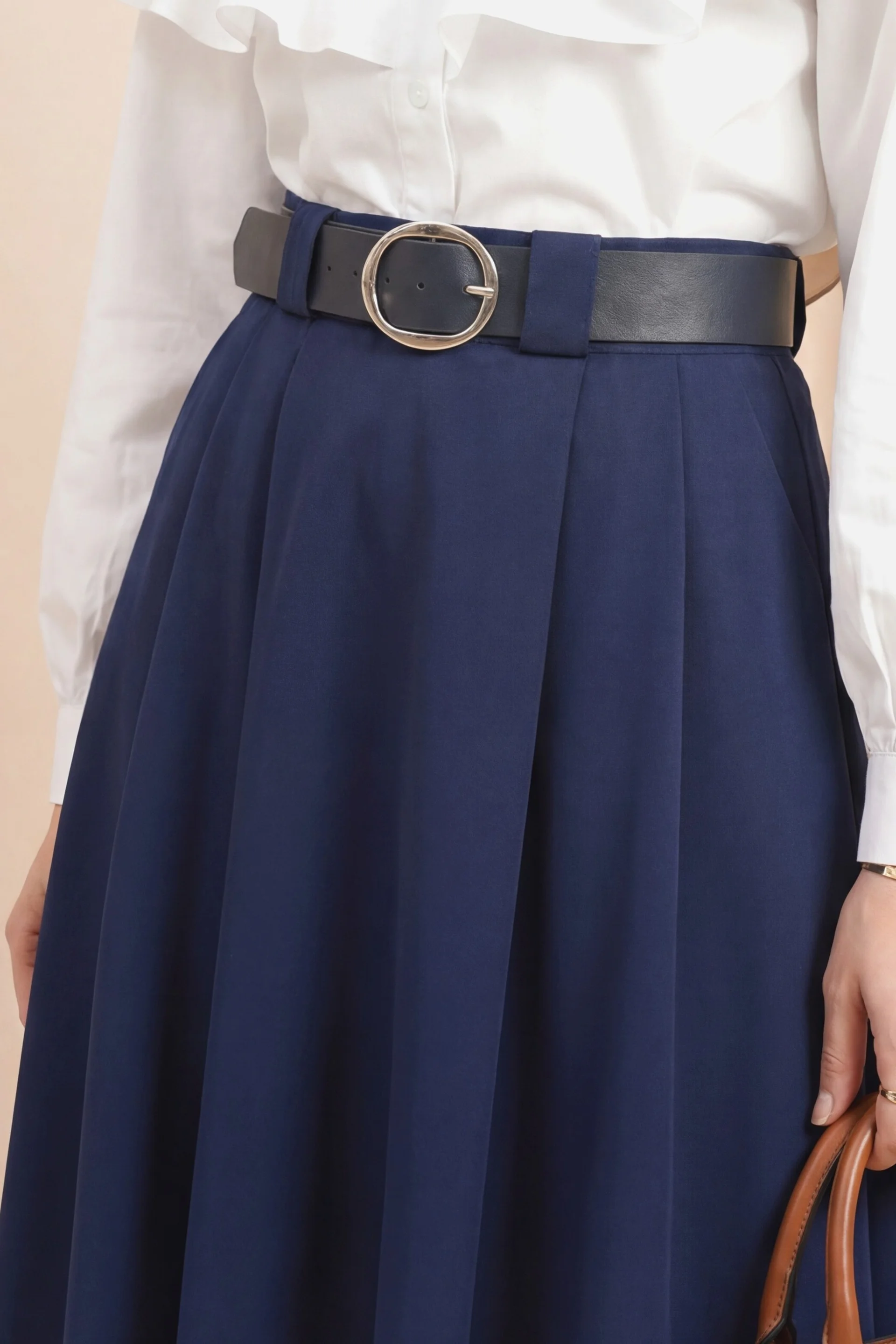 Navy Blue Thick Belted Pleated Tweed Skirt with Side Pockets - Podyumplus - by Peralane - photo 3