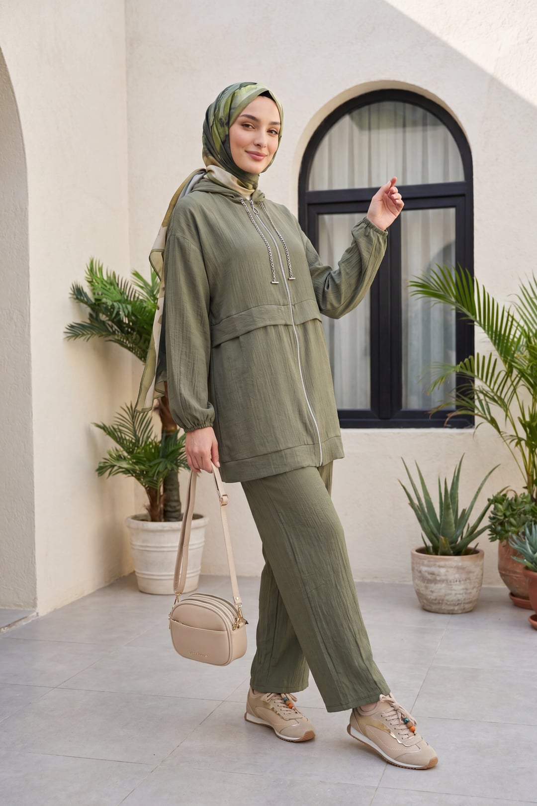 Hooded Zip-Up Trousers Set with Scarf - Olive Green - Podyumplus - by Peralane - photo 5