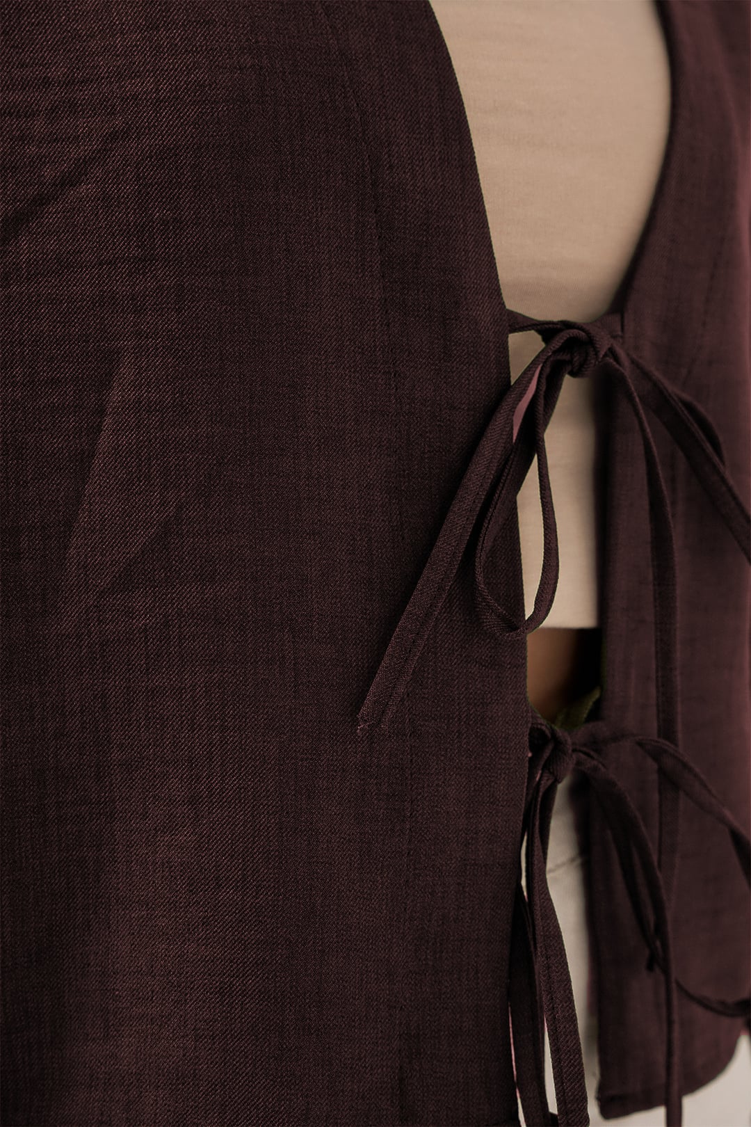 Tie-Front Linen Kimono Vest - Brown - Bigdart - by Peralane