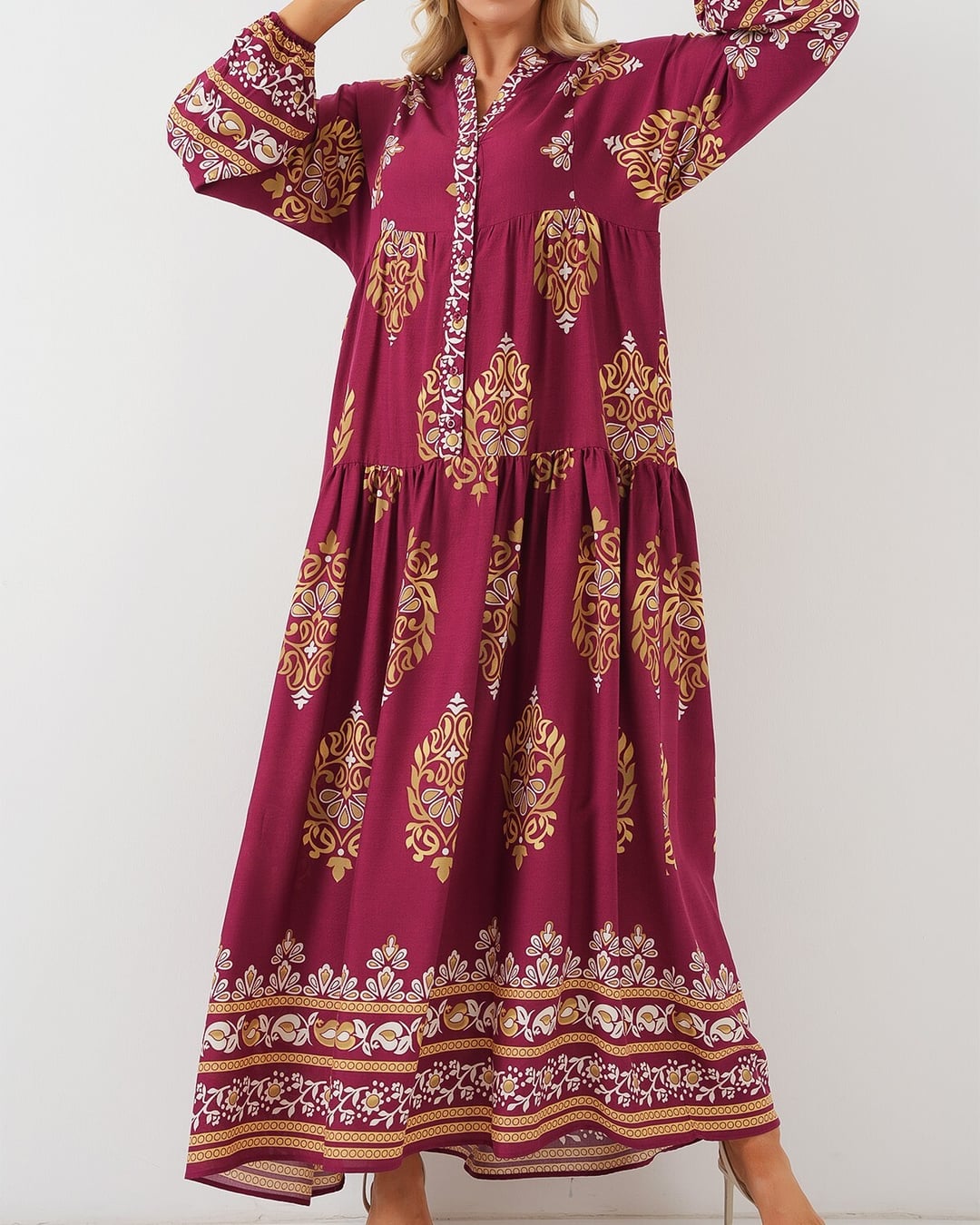 Authentic Patterned Modest Dress with Headscarf - Burgundy - Bigdart - by Peralane - photo 3