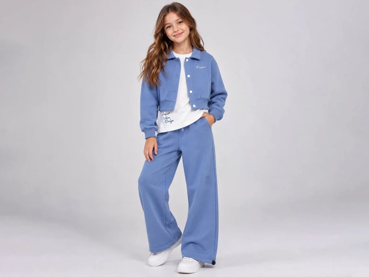 Girl's Cropped Jacket and Wide-Leg Trousers Tracksuit Set in Blue - ÖZ Bebe - by Peralane