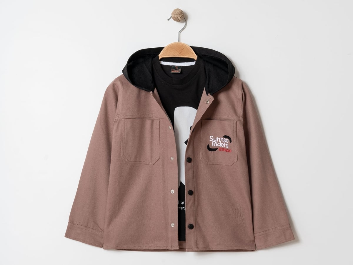Boys' Hooded Two-Piece Shirt Set in Dark Brown - Barkod - by Peralane