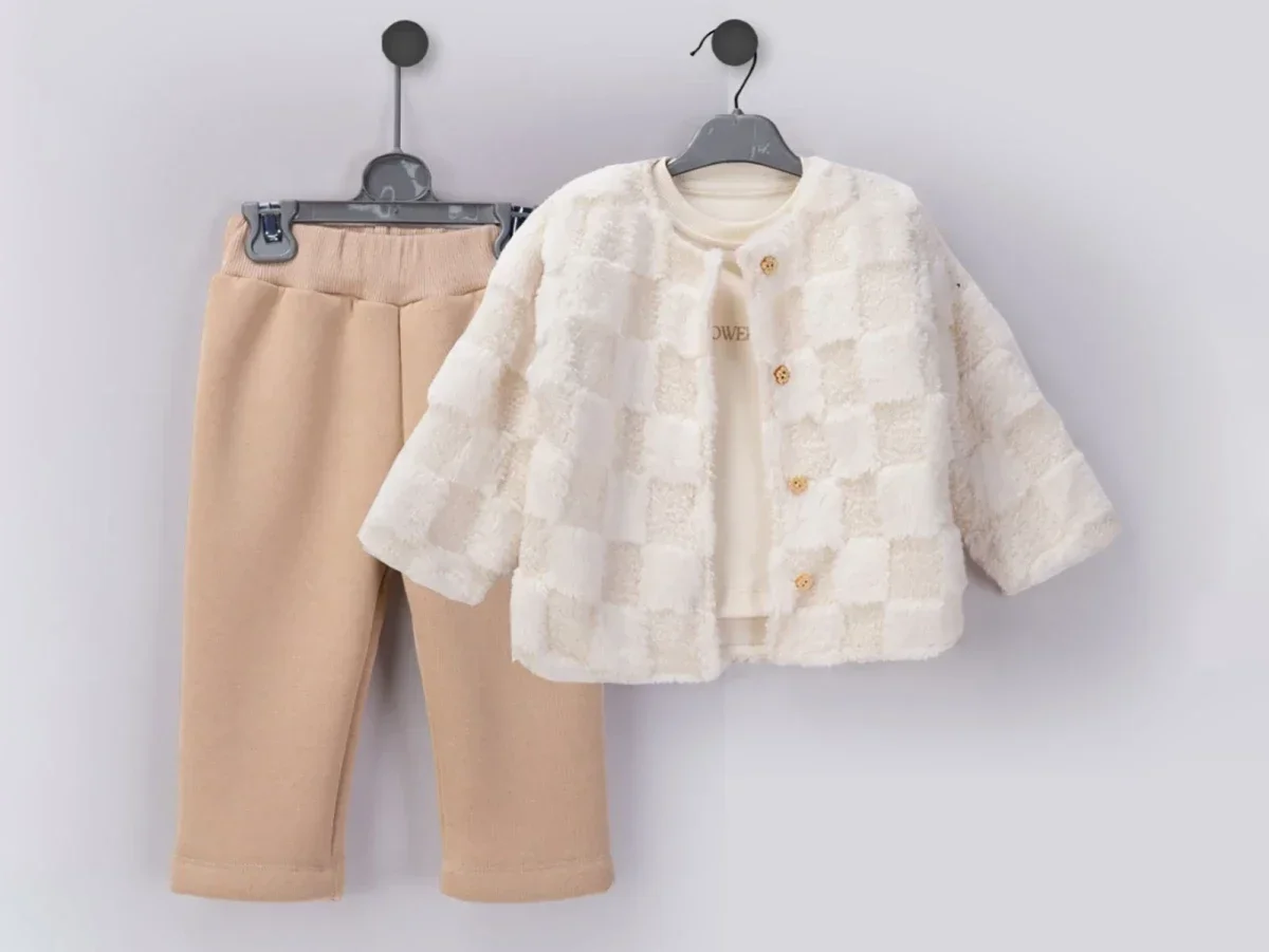 Girls' 3-Piece Set with Plush Jacket and T-Shirt - Beyaz Bebek - by Peralane