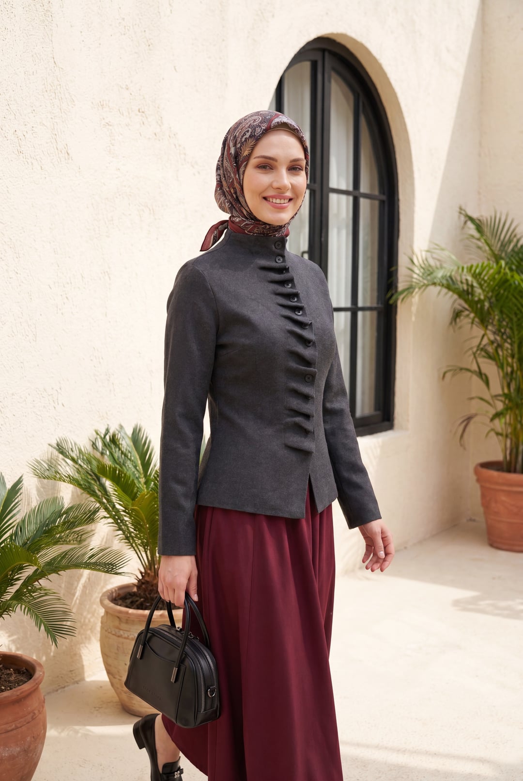 Front Ruffled Buttoned High Neck Knitted Cardigan - Anthracite - Podyumplus - by Peralane - photo 3