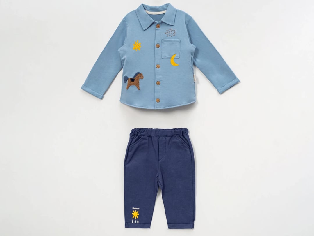 Horse Embroidered Buttoned Boys' Set - Light Blue and Navy - Vovido - by Peralane