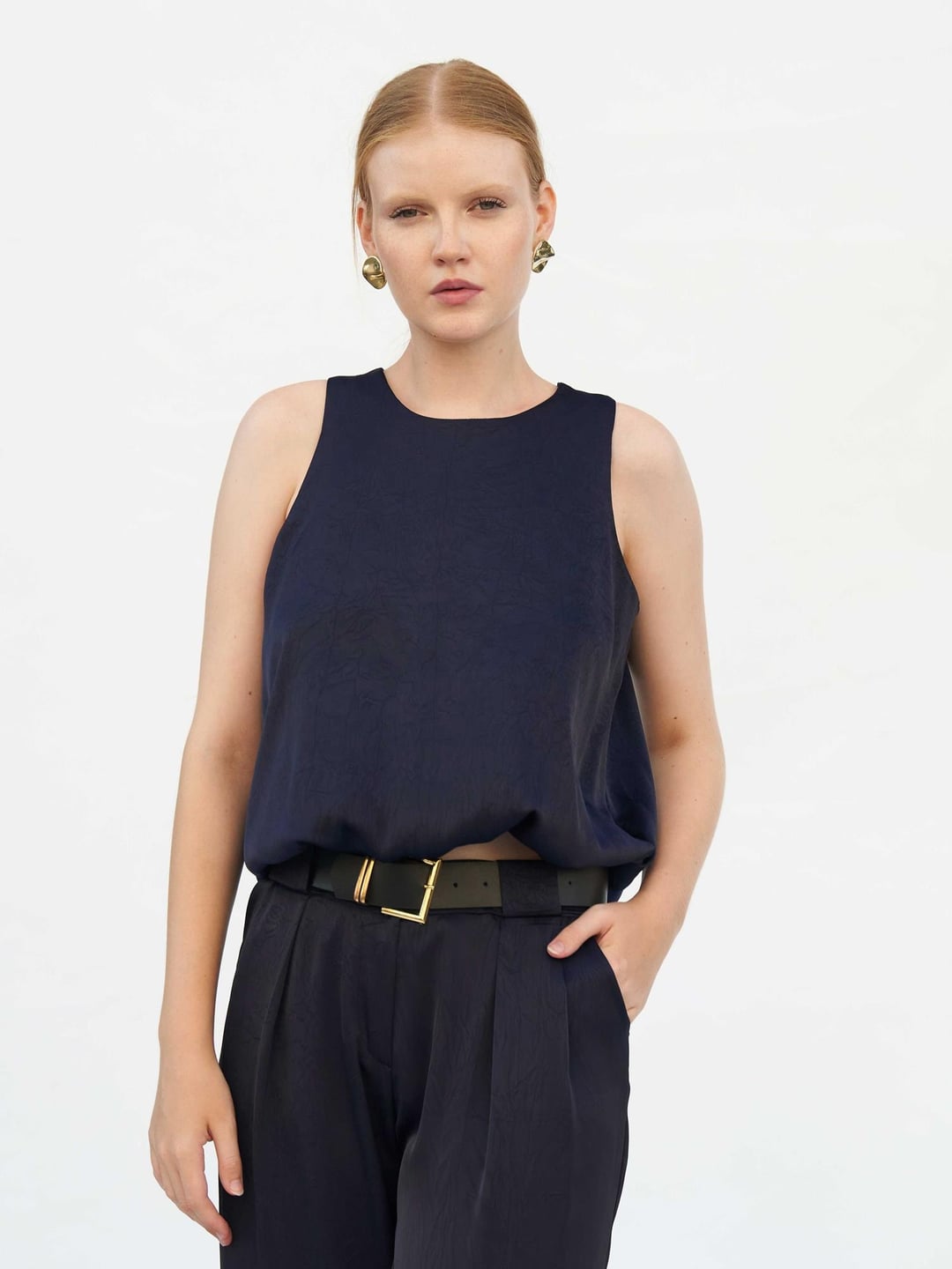 Navy Blue Sleeveless Textured Blouse - Lefon - by Peralane