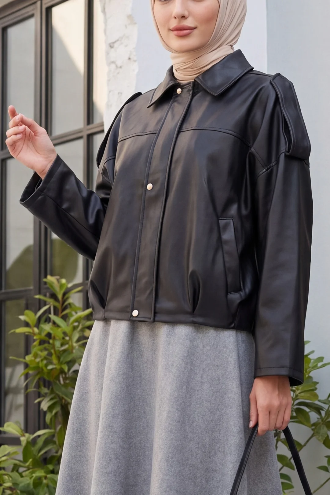 Women's Oversize Faux Leather Jacket - Black - Bigdart - by Peralane - photo 2