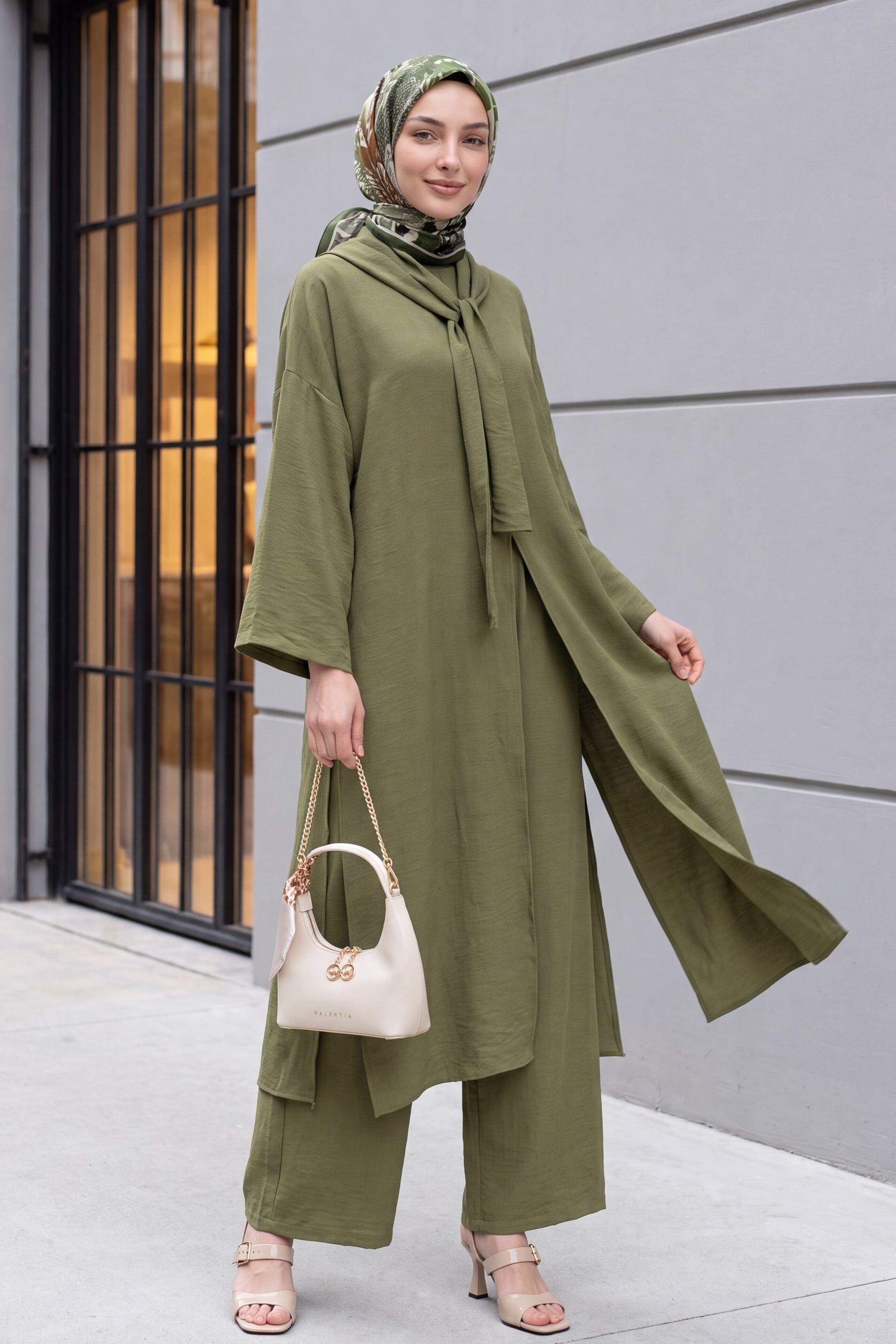 Olive Green Linen Modest Tunic and Wide-Leg Trouser Set with Scarf Detail - Podyumplus - by Peralane - photo 5