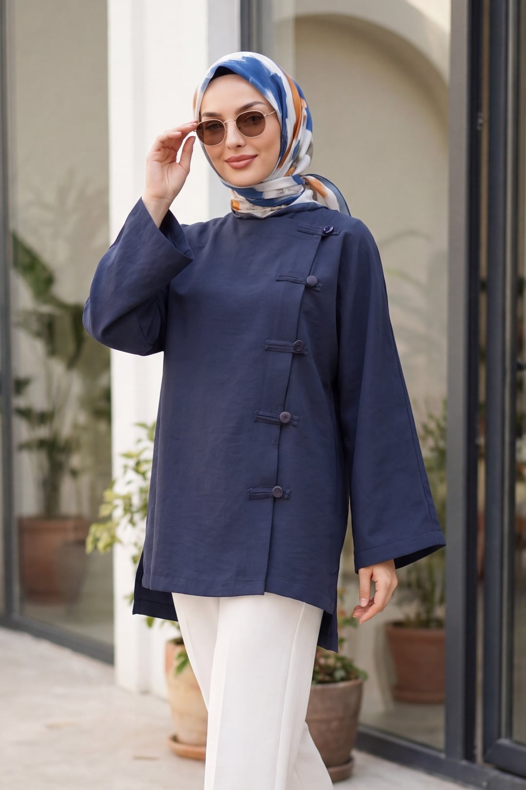 Round Neck Button Front Long Back Polyviscose Tunic - Navy - Podyumplus - by Peralane - photo 2