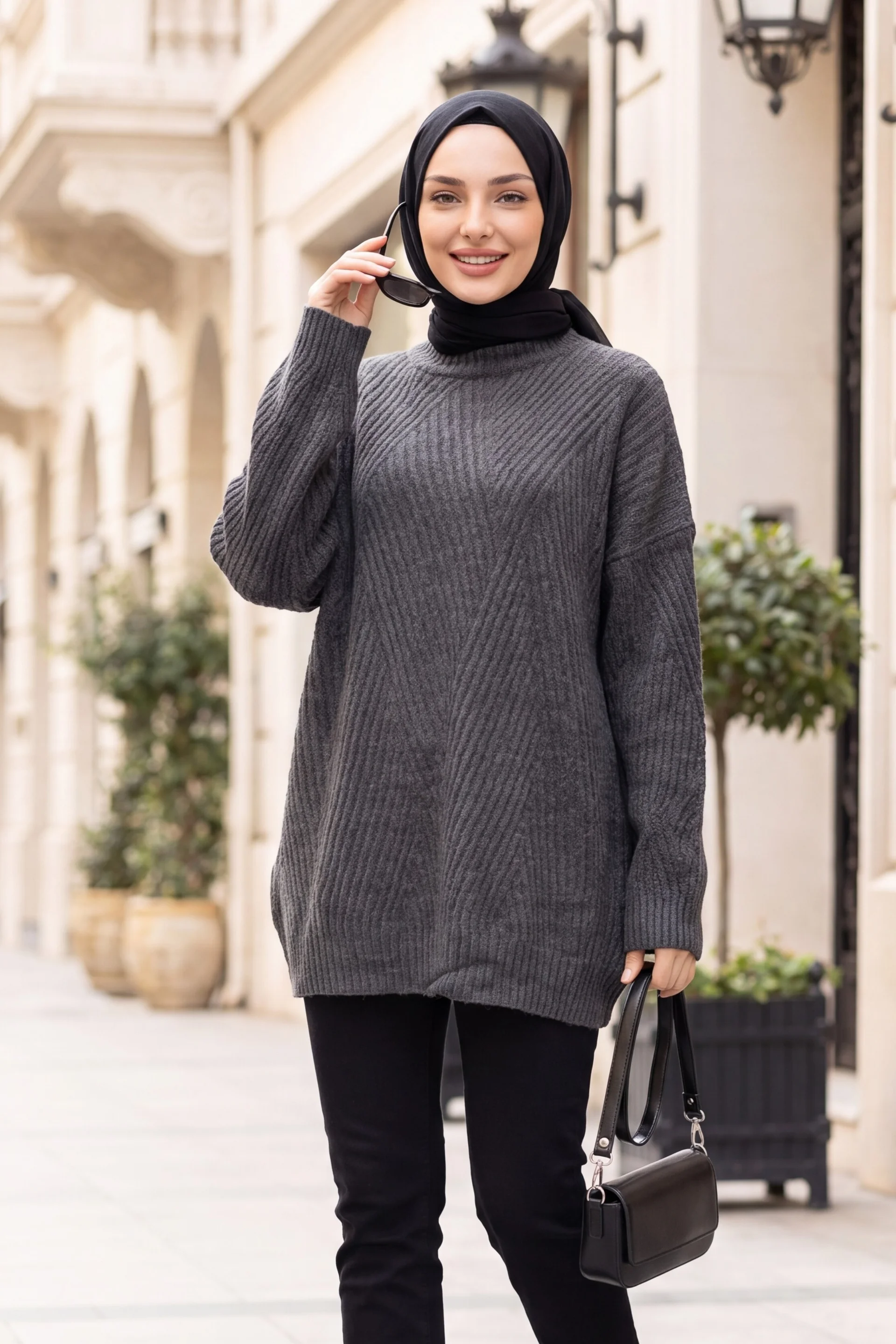 Bike Neck Patterned Relaxed Knit Tunic - Dark Grey - Podyumplus - by Peralane - photo 4