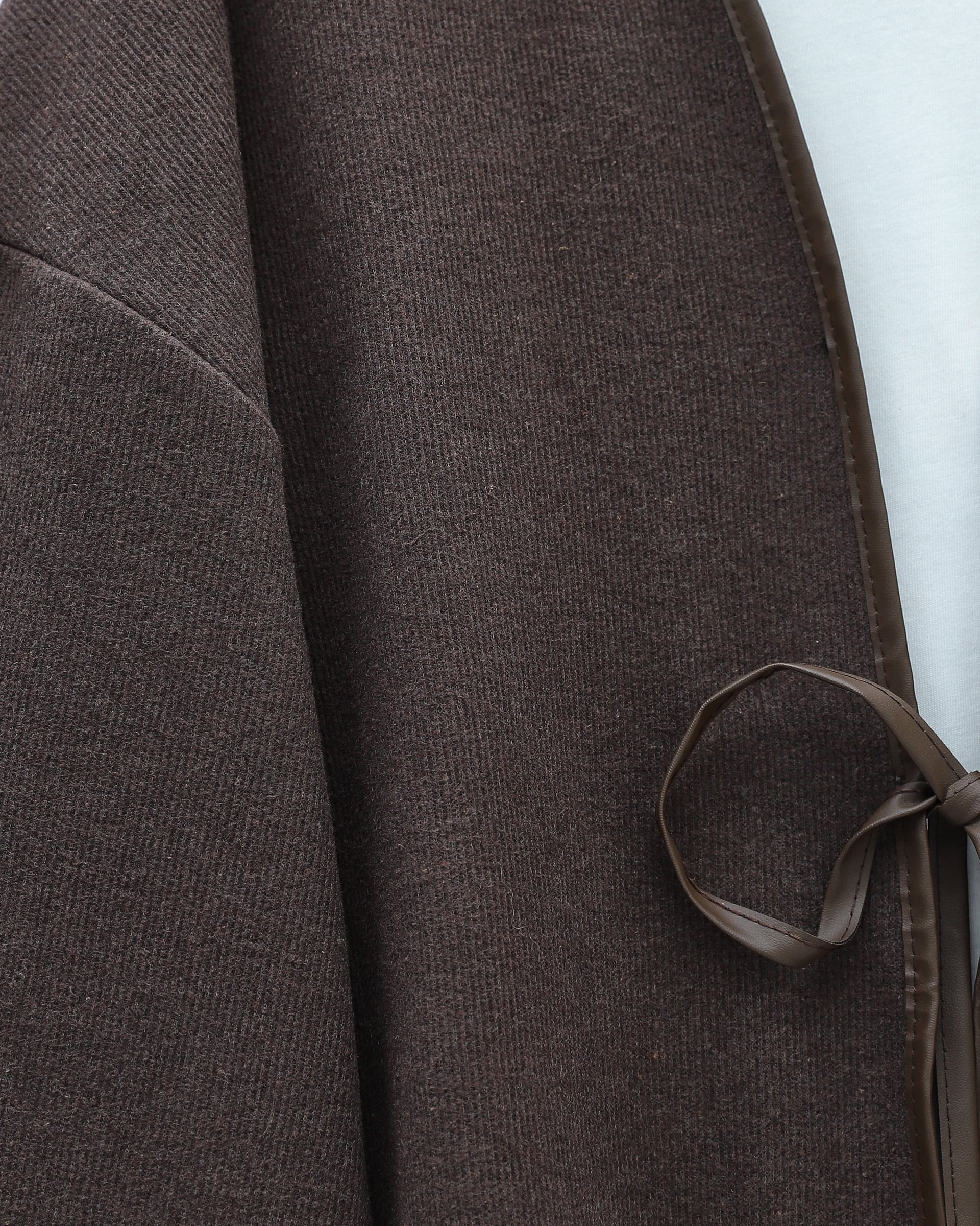 Tie-Front Leather-Trimmed Relaxed Kimono Cardigan in Earth Brown - Podyumplus - by Peralane - photo 4