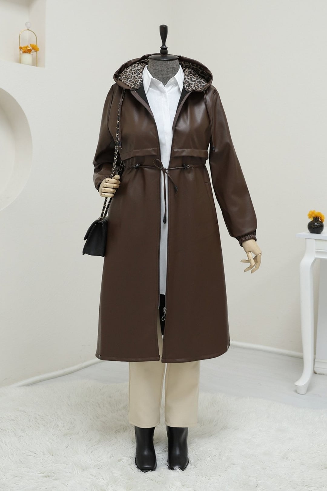 Tunnel Drawstring Hooded Zip Faux Leather Trench Coat - Brown - Podyumplus - by Peralane