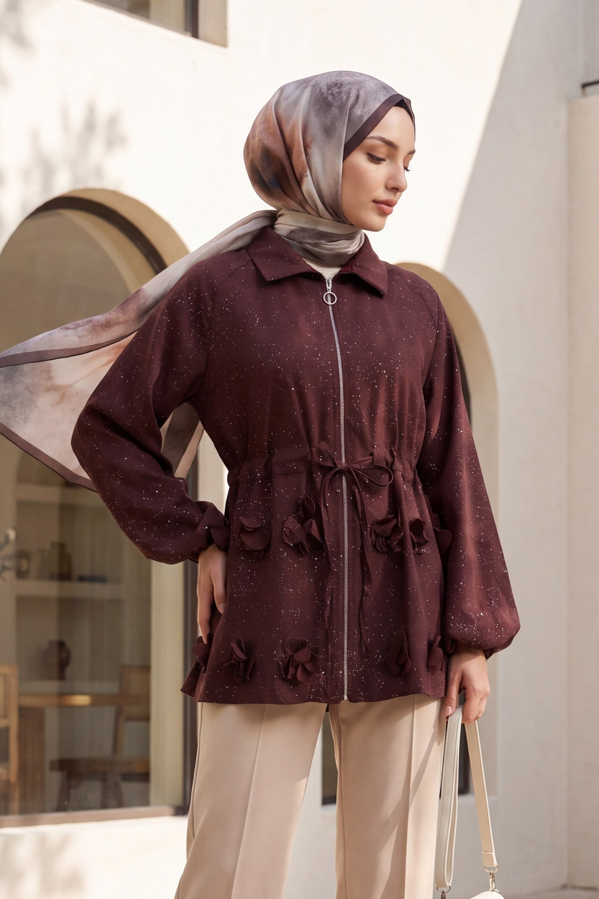 Burgundy Speckled Sequin Drawstring Waist Balloon Sleeve Zip Jacket - Podyumplus - by Peralane