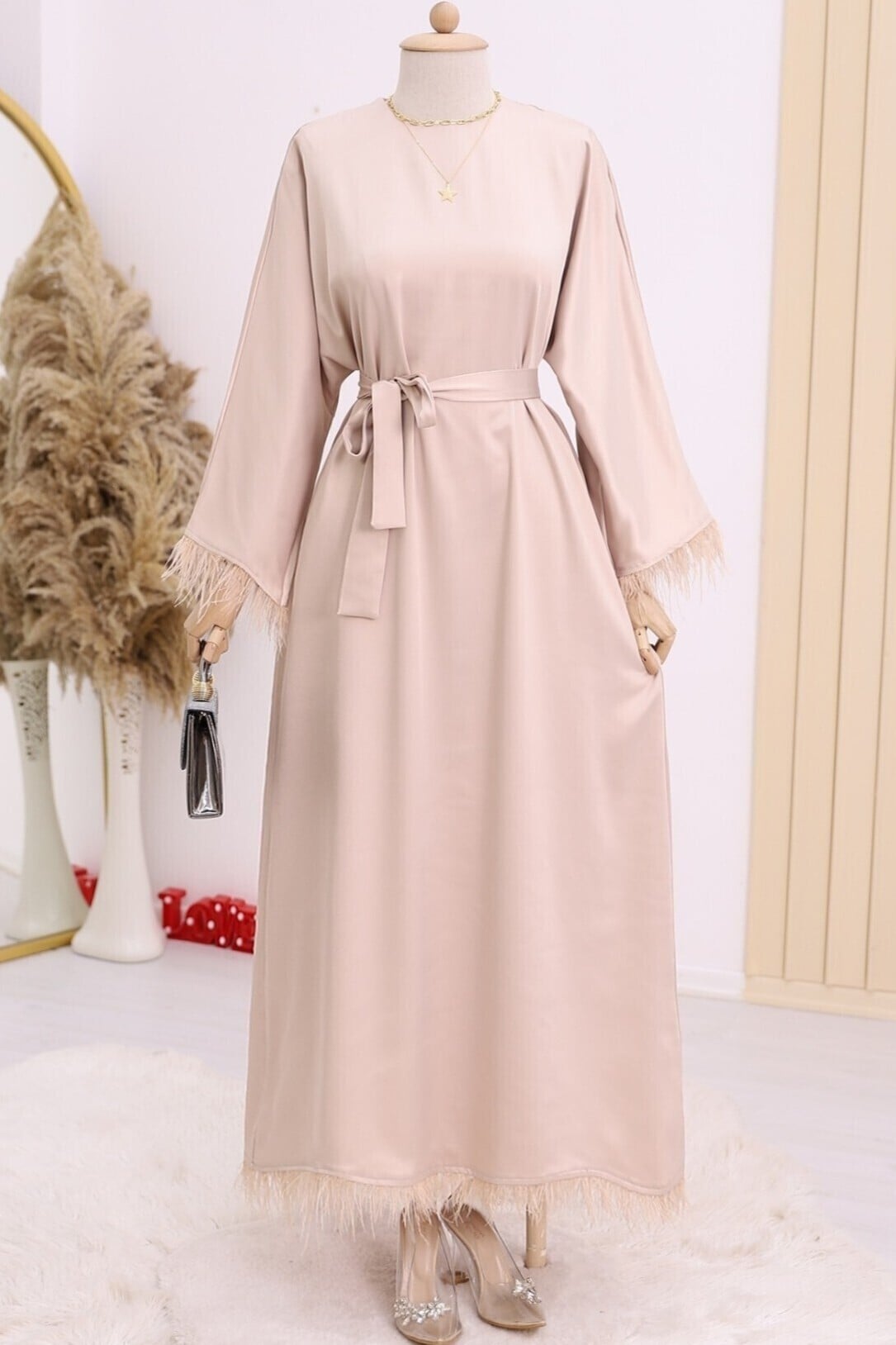 Beige Satin Dress with Feather Trim and Belt - Podyumplus - by Peralane
