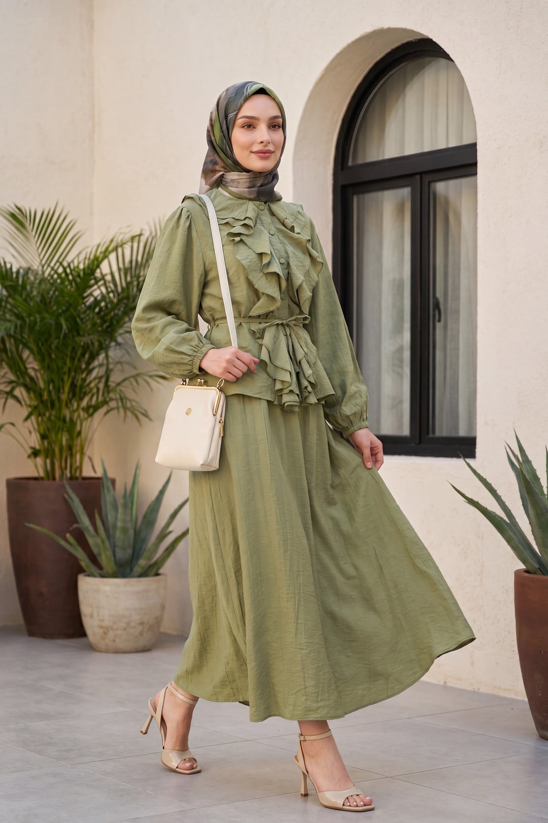 Ruffled Front Long Sleeve Tie Waist Blouse and A-Line Skirt Modest Set - Olive Green - Podyumplus - by Peralane
