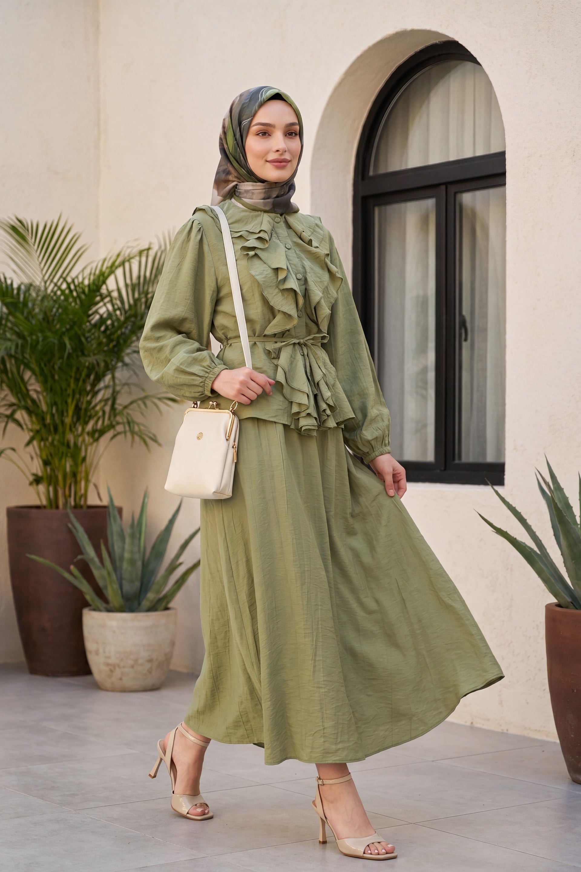 Ruffled Front Long Sleeve Tie Waist Blouse and A-Line Skirt Modest Set - Olive Green - Podyumplus - by Peralane