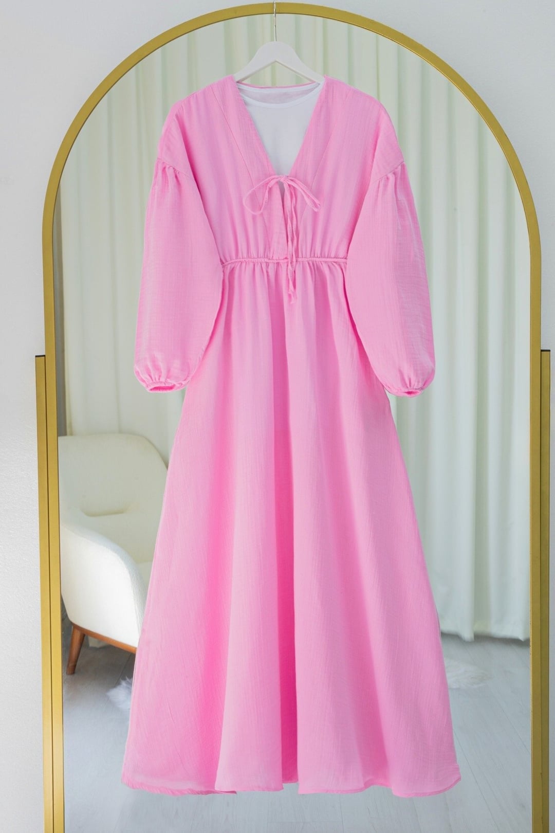 Pink Drawstring Tie Neck Muslin Dress with Puffed Sleeves - Podyumplus - by Peralane - photo 3