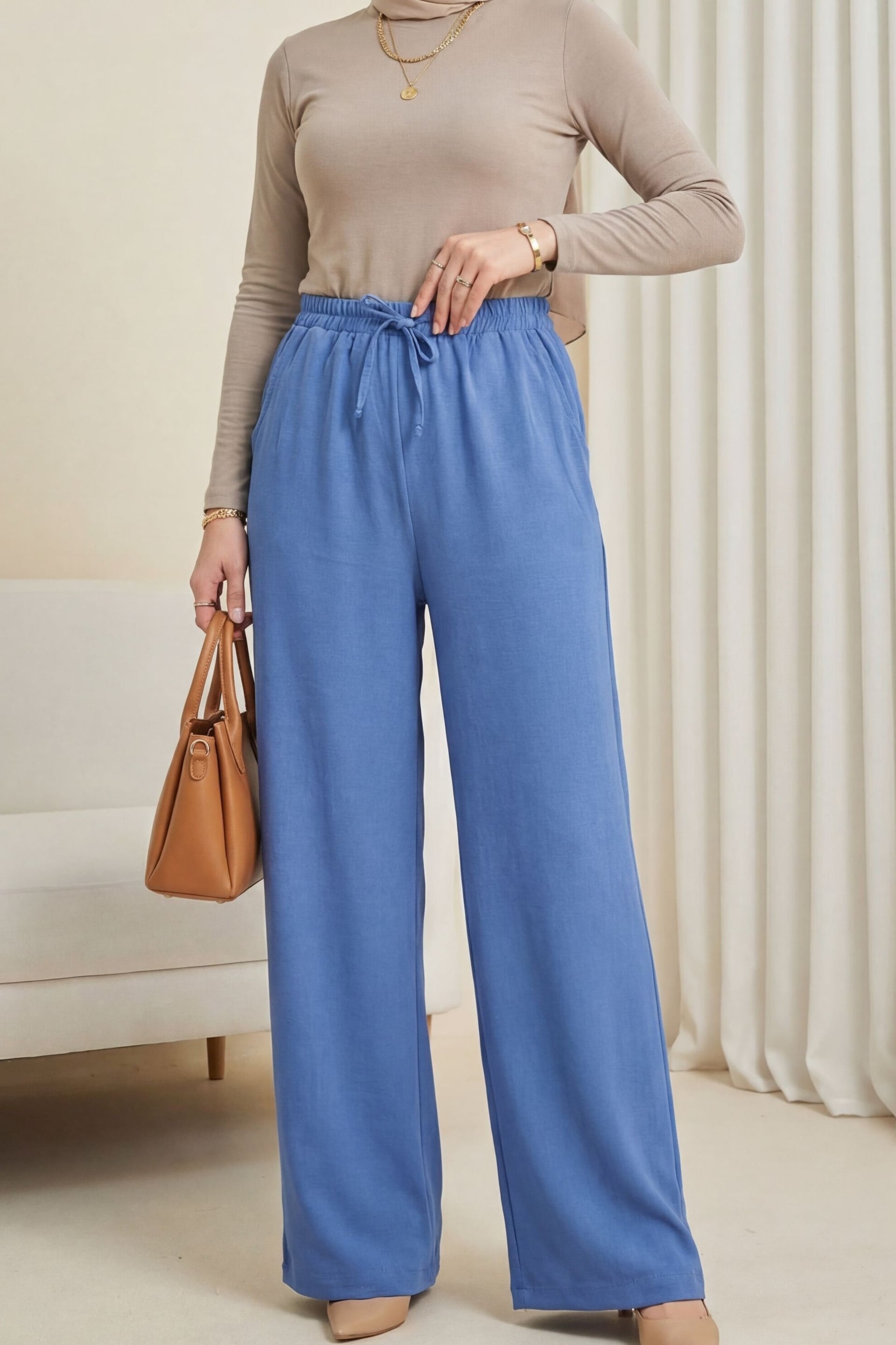 Elasticated Waist Drawstring Wide-Leg Trousers - Indigo - Podyumplus - by Peralane