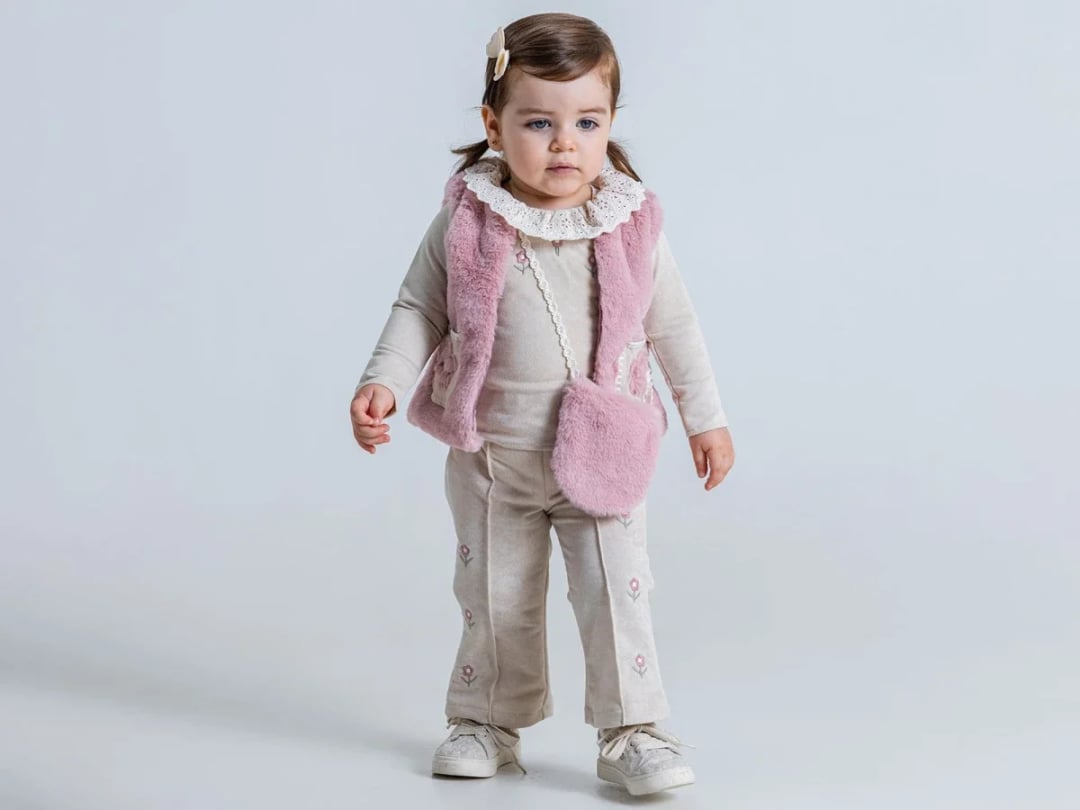 Girls' 4-Piece Set with Lace Collar Top, Trousers, Faux Fur Vest and Pouch - Pampal Kids - by Peralane