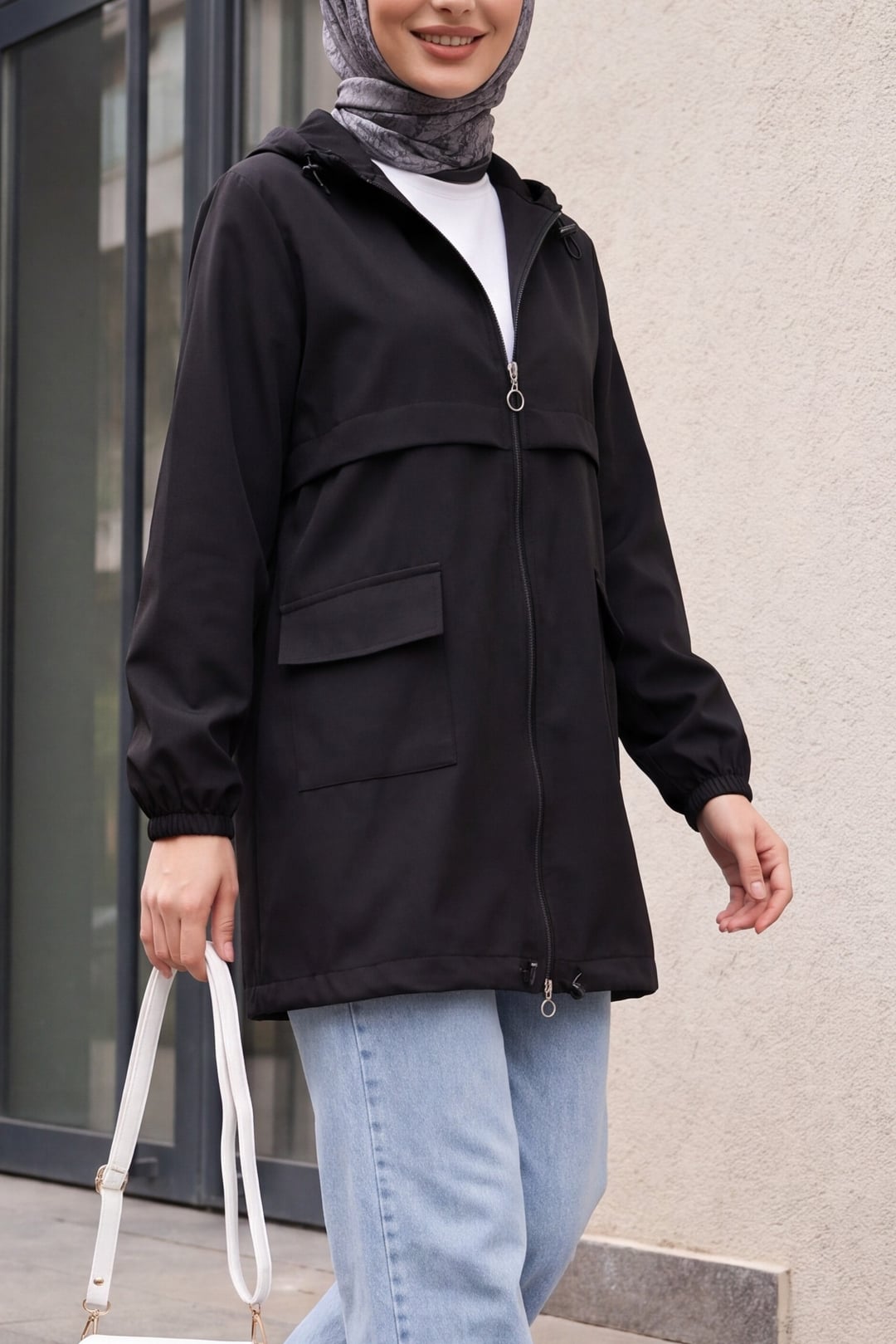 Black Hooded Full-Zip Raincoat with Flap Pockets - Podyumplus - by Peralane