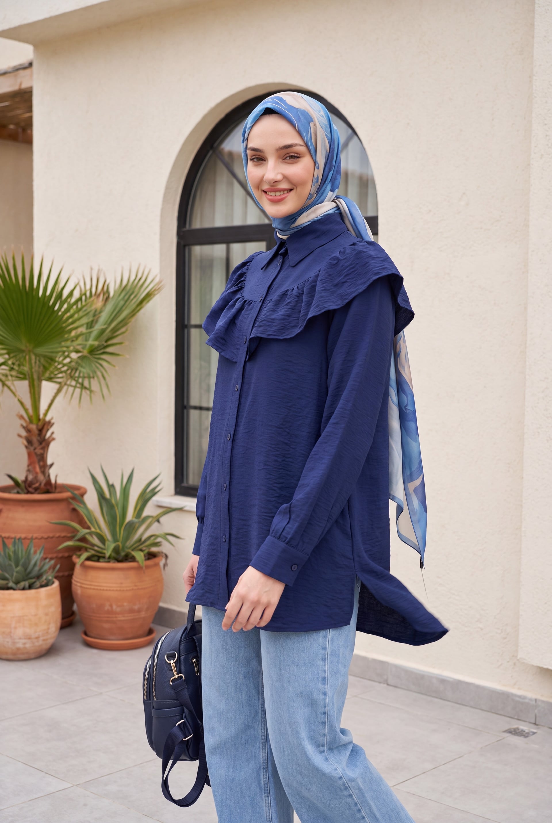 Navy Blue Rayon Tunic with Ruffled Yoke and Button Front - Podyumplus - by Peralane - photo 5