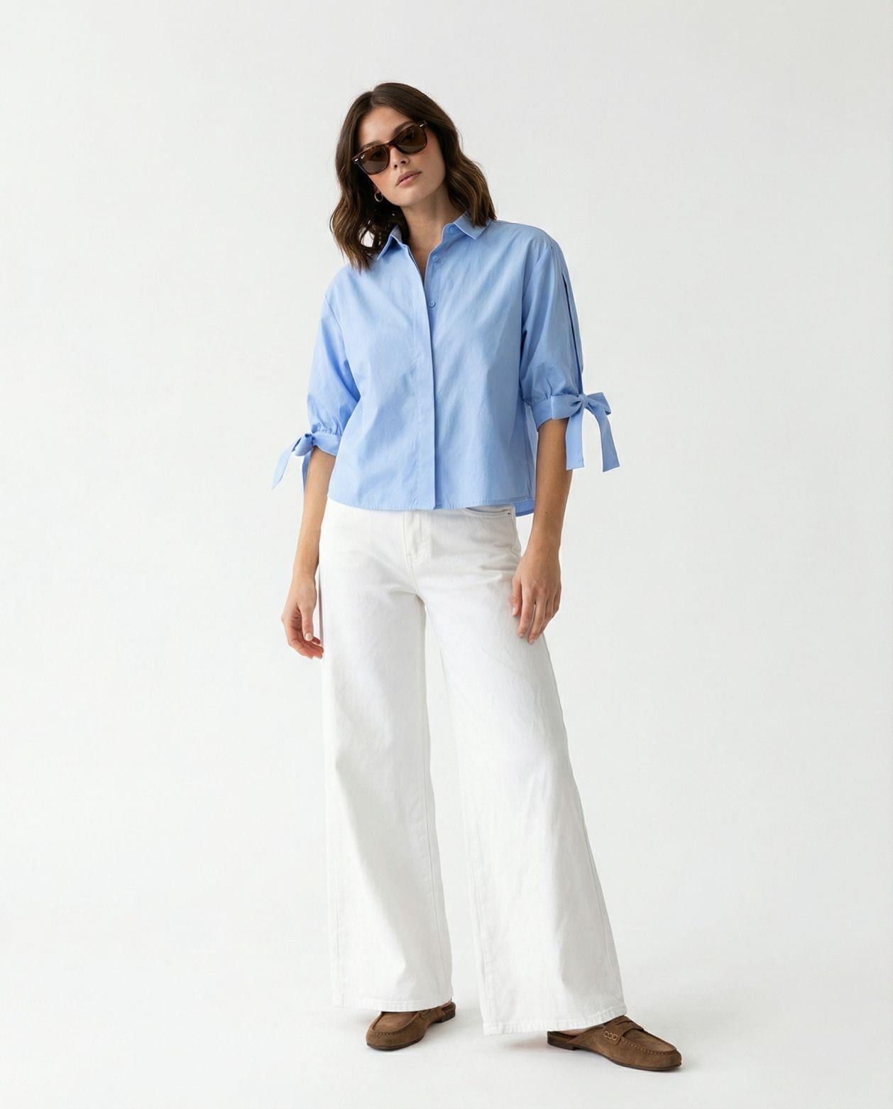 Women's Light Blue Cotton-Blend Shirt with Tie Sleeves - Fame - by Peralane